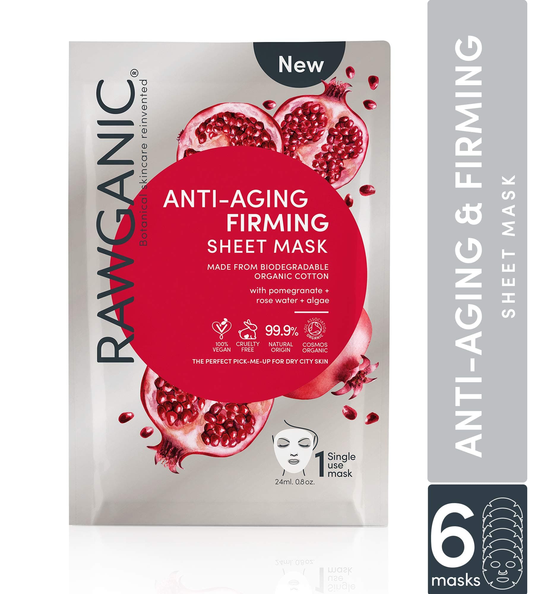RAWGANIC Anti-aging & Firming Organic Sheet Mask | Gentle Hypoallergenic Biodegradable Organic Cotton Face Mask | with Pomegranate, Rose Water and Algae (6 Masks)