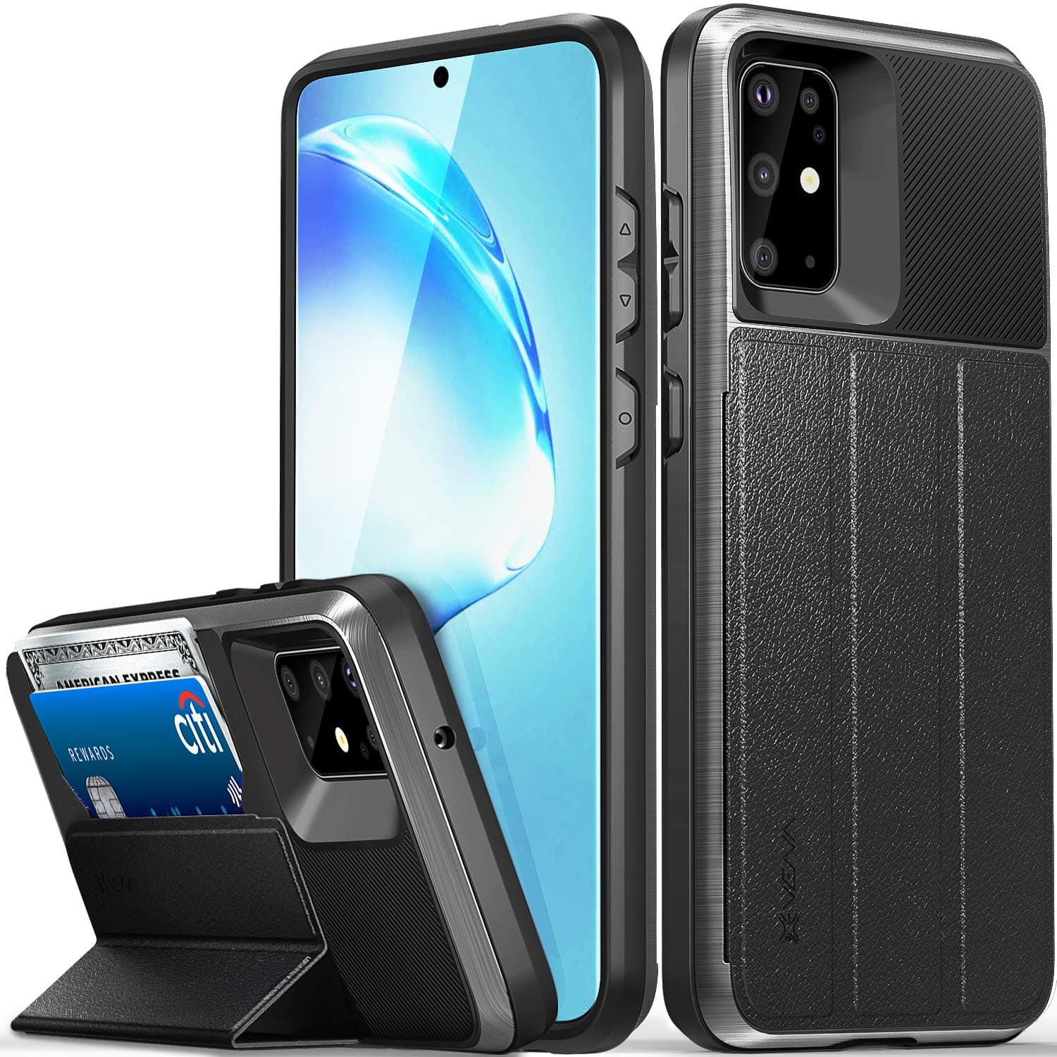 Vena vCommute Wallet Case Compatible with Samsung Galaxy S20 Plus / 20+ (6.7"-inch), (Military Grade Drop Protection) Flip Leather Cover Card Slot Holder with Kickstand - Space Gray