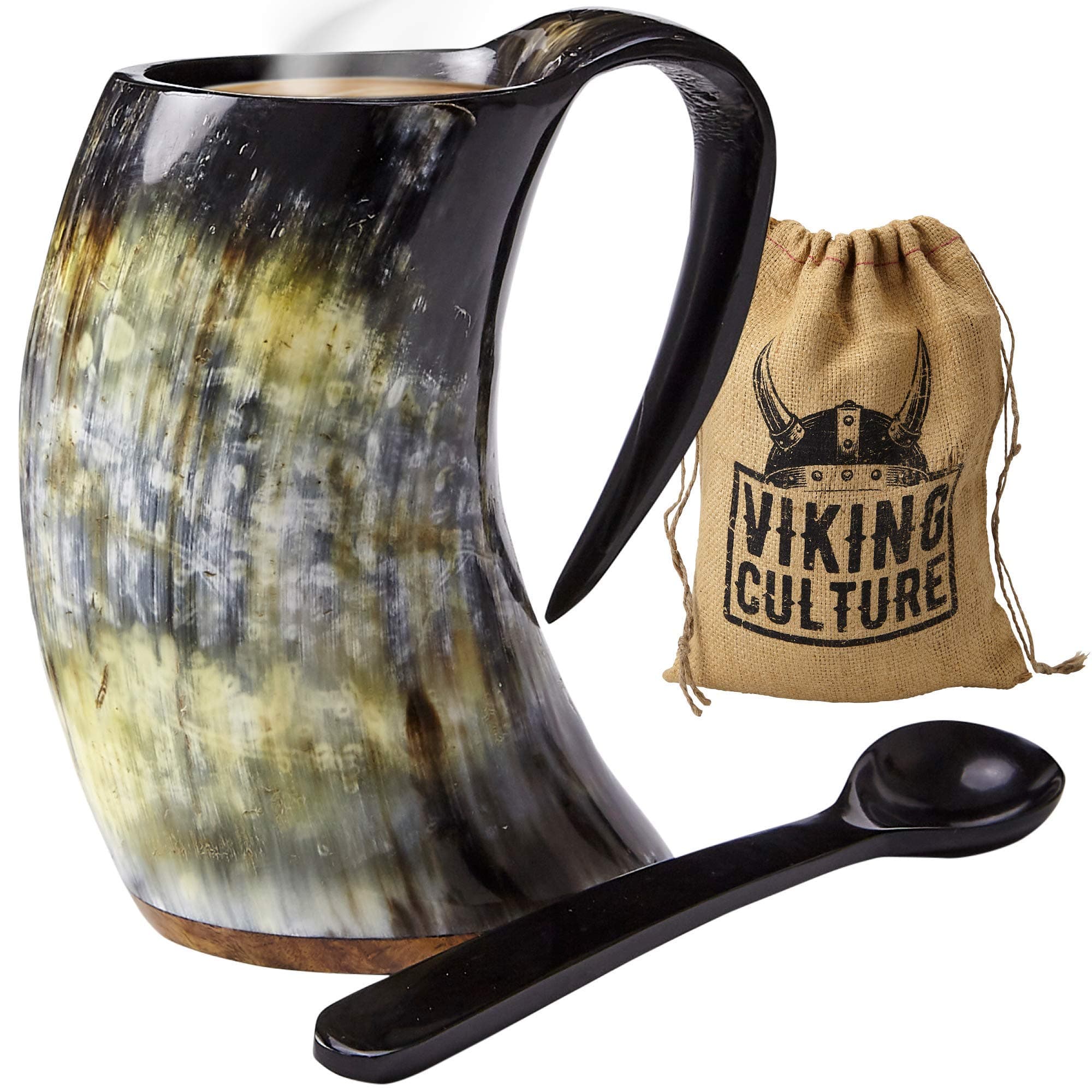 Hot Viking Horn Mug with Spoon and Bag, 2 Pc Set, Horned Handle with Rustic Natural Finish, Safely Holds Hot and Cold Tea, Coffee, Cocoa, Wine, Beer or Mead