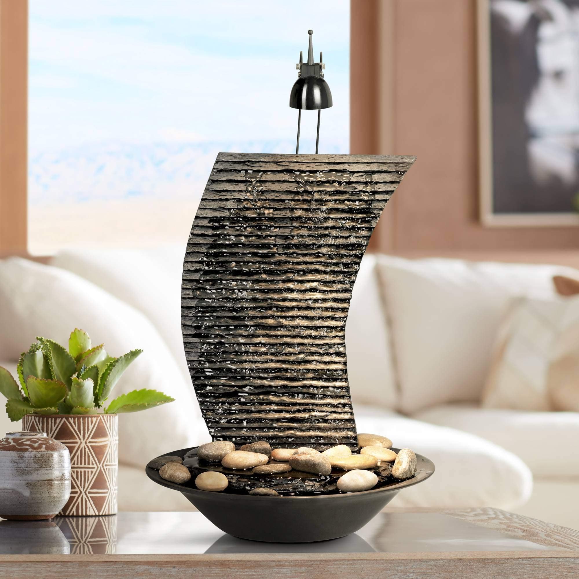 Water Ripple 17 1/4" High Small Zen Modern Indoor Decor Faux Stone Tabletop Fountain with Light Rock Waterfall Bowl Water Feature for Desk Relaxation Bedroom Living Room Countertop - John Timberland