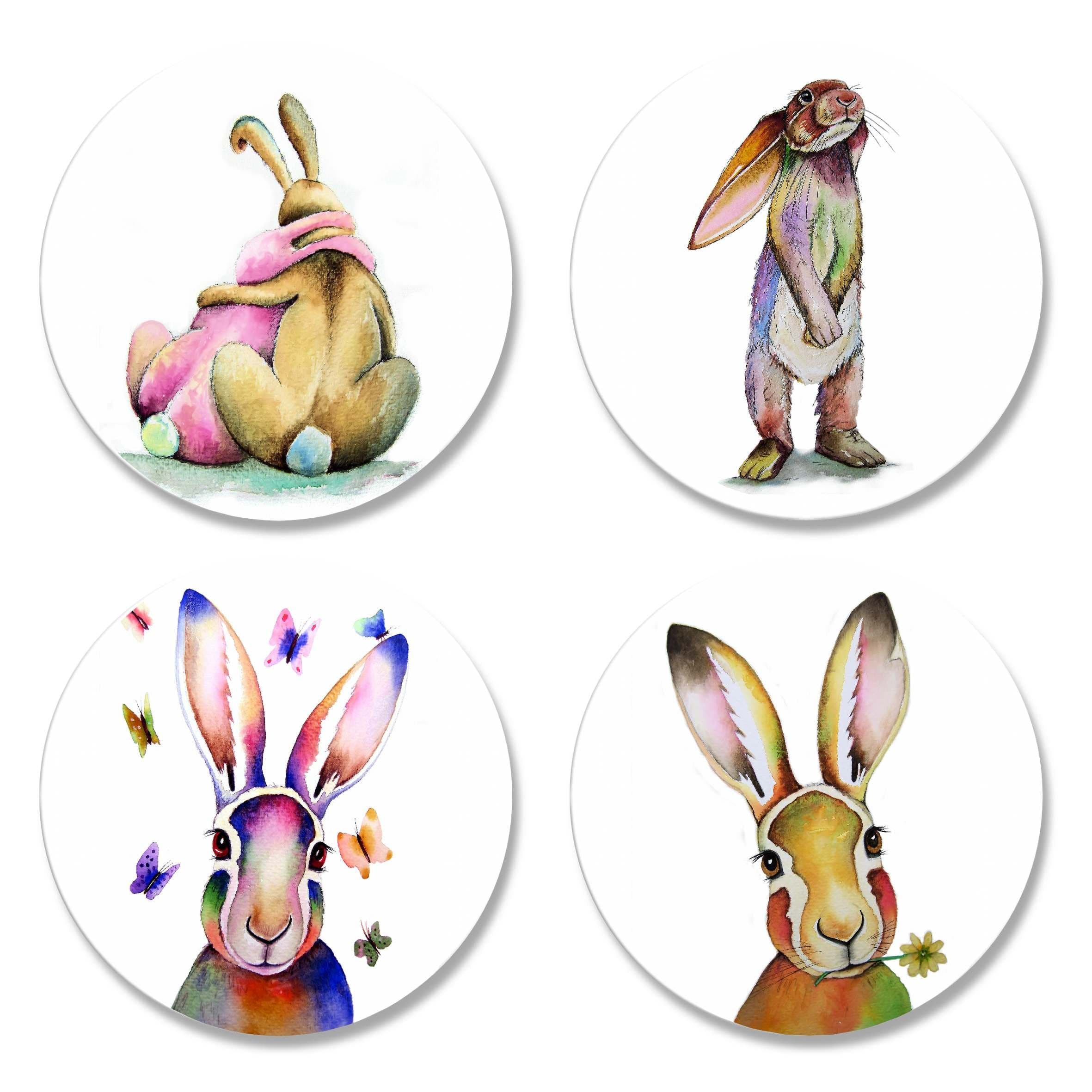 4 Pack Printed Dressmaking Sewing Pattern Weights. Hare and Rabbit Designs 1 (Pack 1 of 2) by Artist Maria Moss. Inspired by The BBC Sewing Bee. (50mm Diameter)