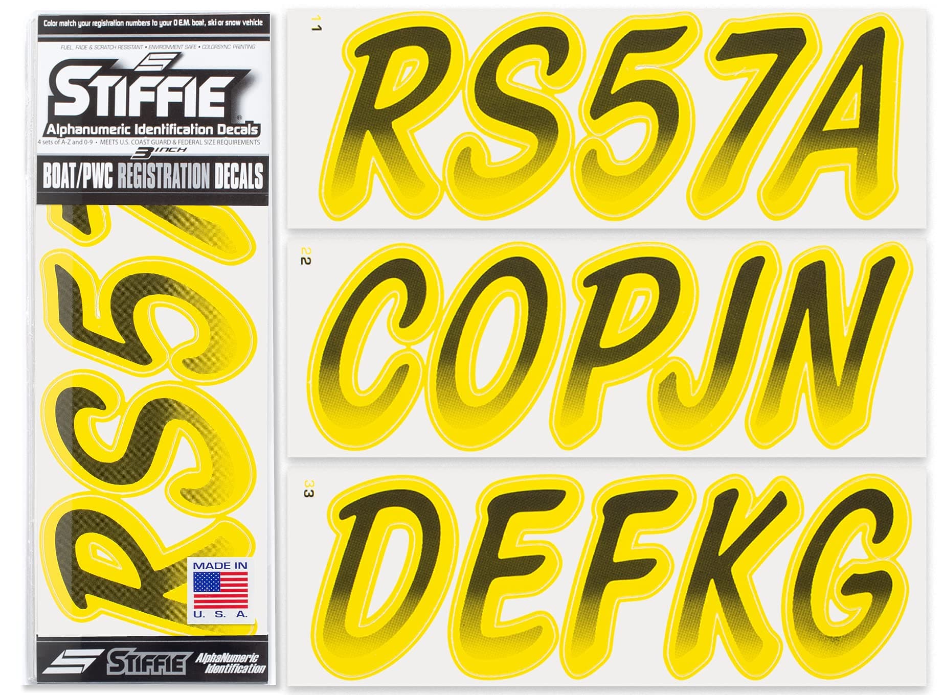 STIFFIE Whipline Black/Electric Yellow 3" Boat & PWC Registration Decals • Numbers Letters Stickers