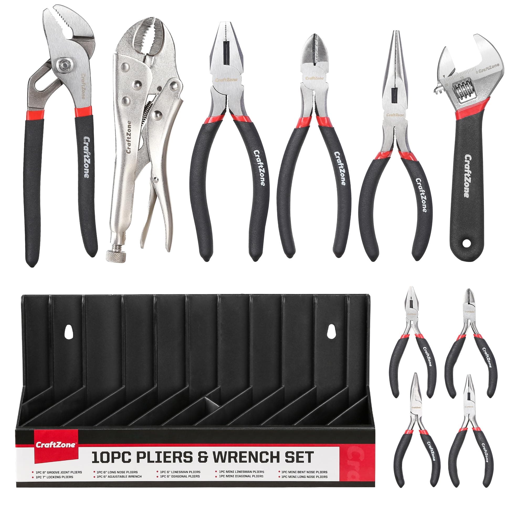10PC Pliers & Wrench Set, Includes Slip Joint Pliers, Long Nose Pliers, Diagonal Pliers, Groove Joint Pliers, Linesman Pliers and Adjustable Wrench, With Rack. For DIY & Home Use.