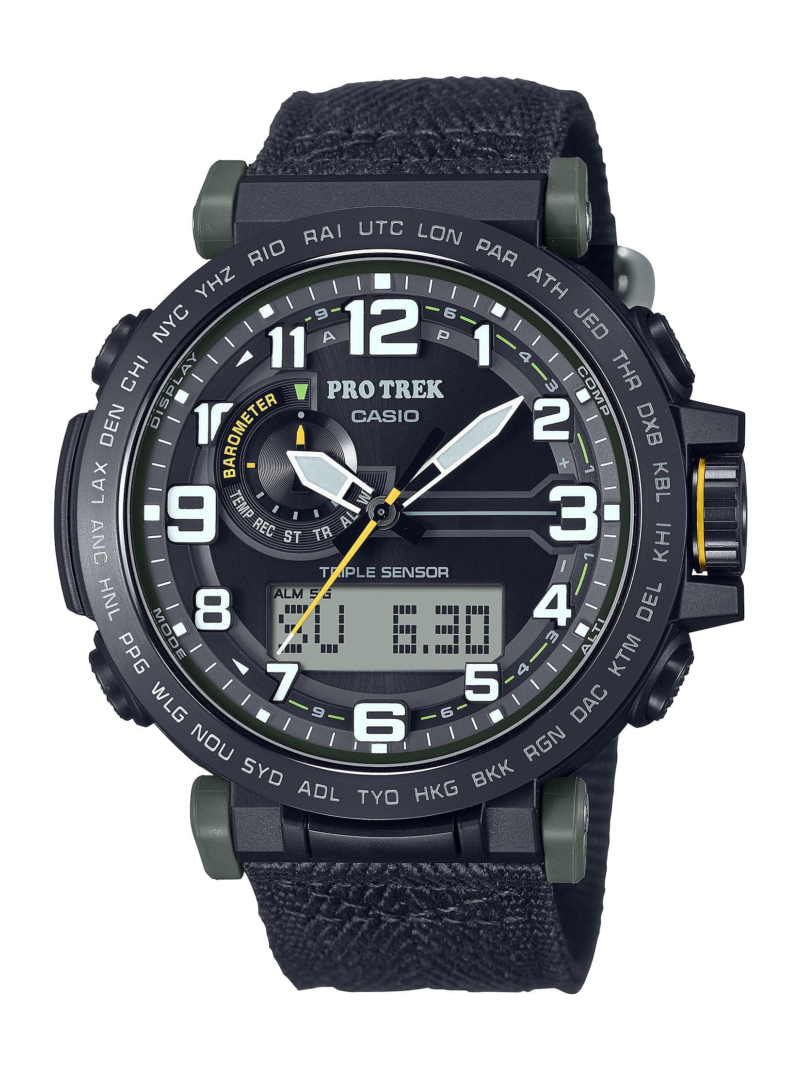 PRG601 Series | Pro Trek | 100M WR | 1/100 SEC Stop Watch | Compass/Alt/Baro-Thermo | Tough Solar Power/Atomic Timekeeping | 1-100 SEC Stopwatch | Countdown Timer | World Time