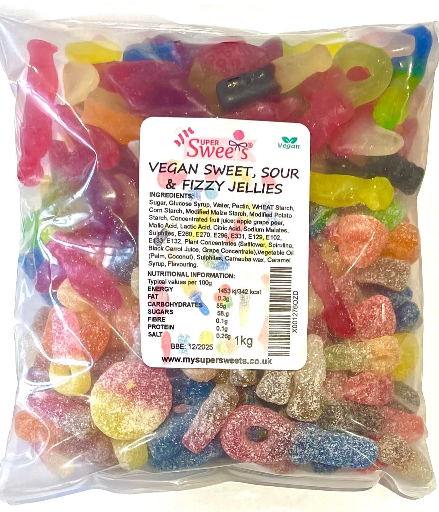 Super Sweets Premium Vegan Sweet, Sour and Fizzy Jellies Assortment 1kg. A Mix of The Best Plain, Fizzy and Sour Vegan Jellies
