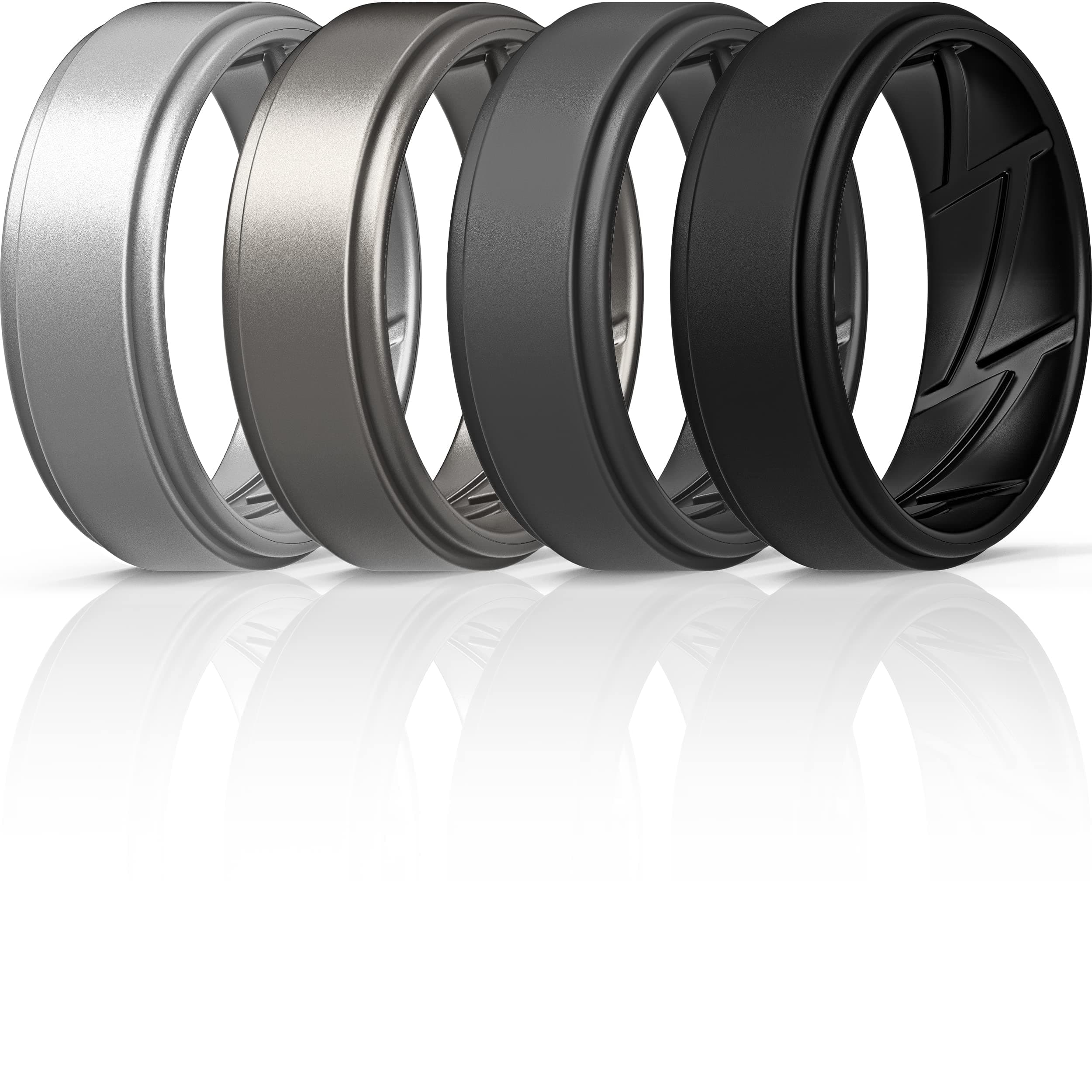 Silicone Wedding Rings for Men Breathable Airflow Inner Grooves, Step Edge Sleek Design Rubber Engagement Bands 8mm Wide 2mm Thick, Variety Multipack 1-7