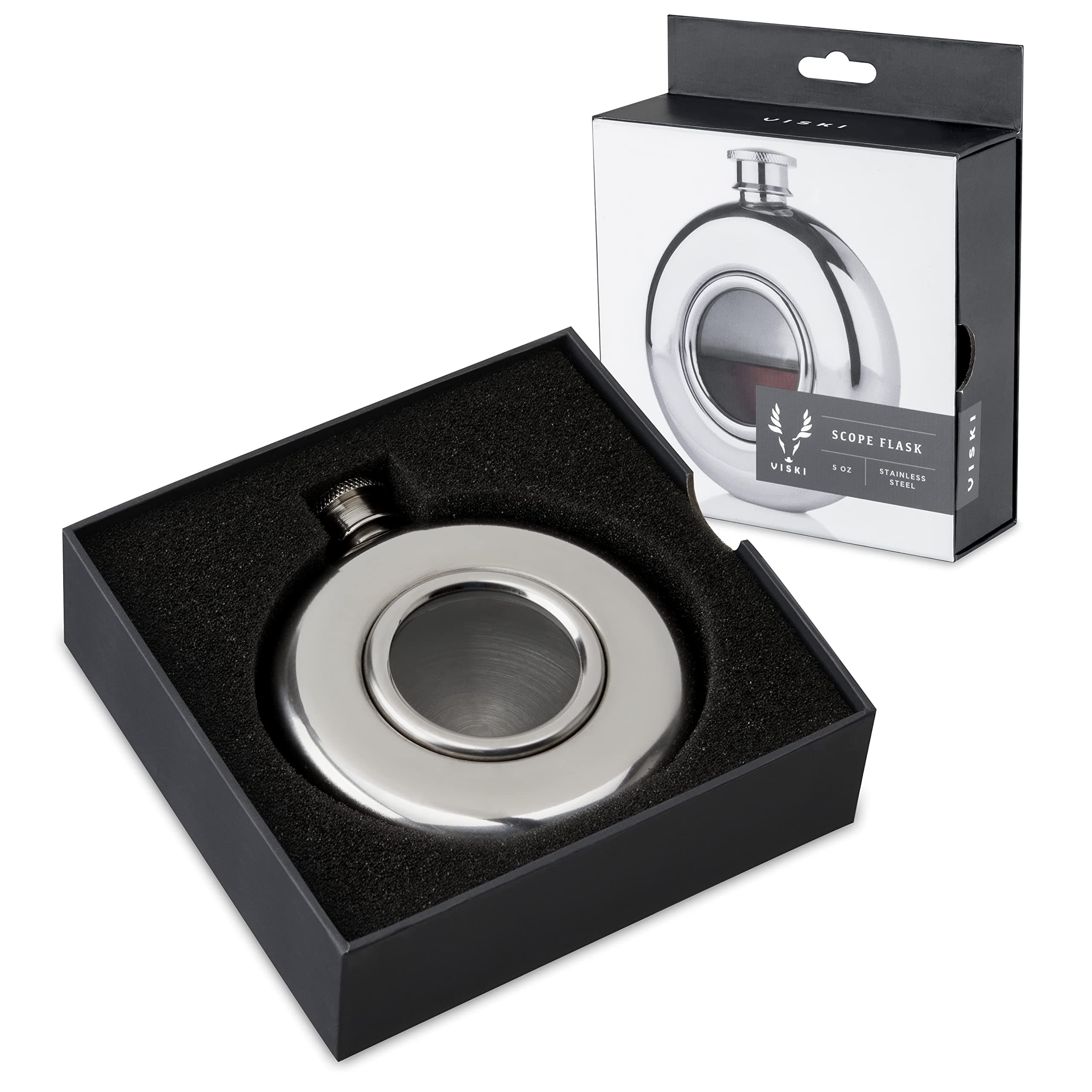 Viski Scope Stainless Steel Round Liquor Flask with Glass Viewing Window, Modern Design Leakproof Pocket Flask for Whiskey, Vodka, Tequila, Travel, Camping, Gifts for Men and Women, 5 oz, Set of 1