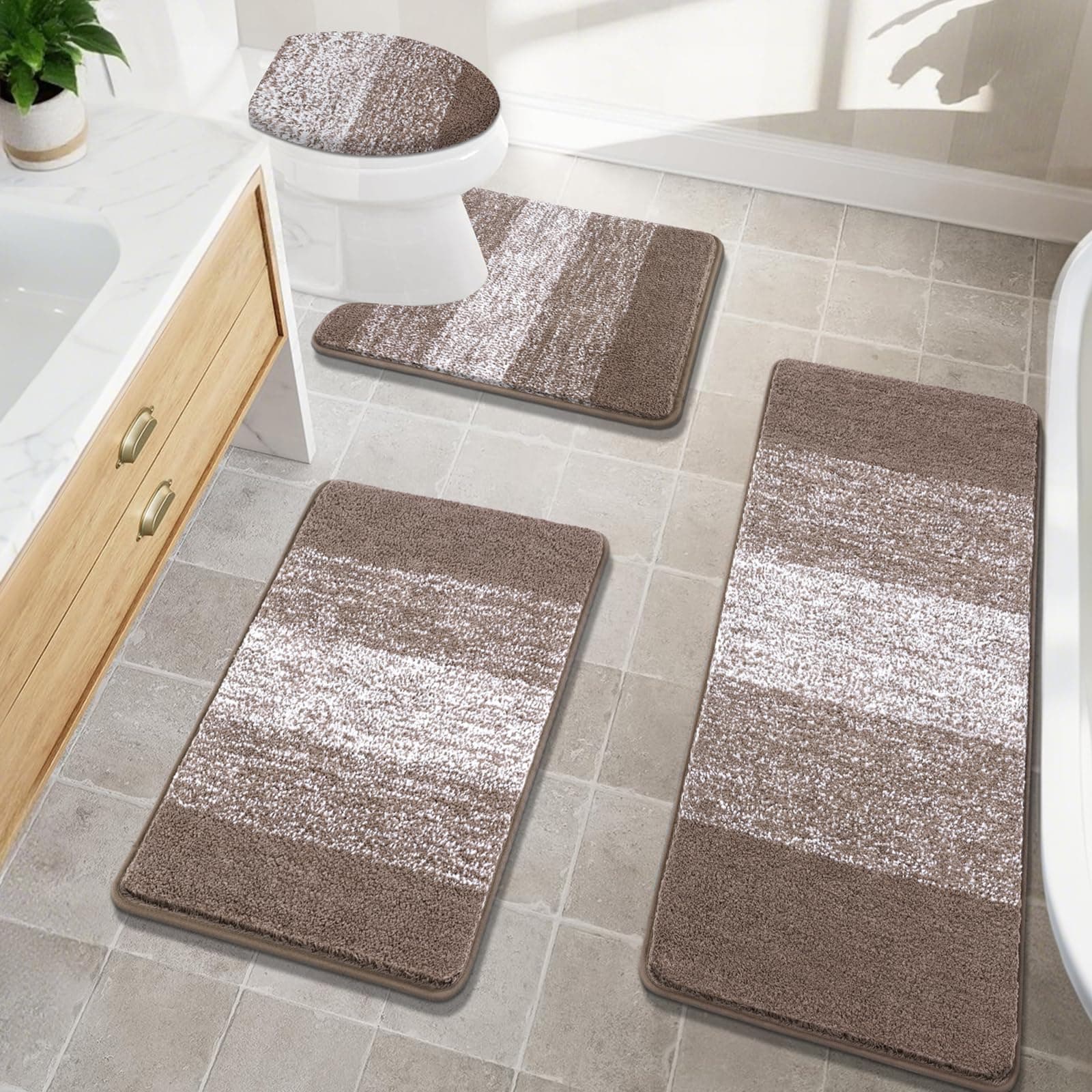 Bsmathom Bathroom Rugs Sets 4 Piece with Toilet Lid Cover, Non-Slip Bathroom Rugs and Mats Sets, Absorbent Bath Rugs Microfiber Shaggy Machine Washable Bath Rug Set, Coffee