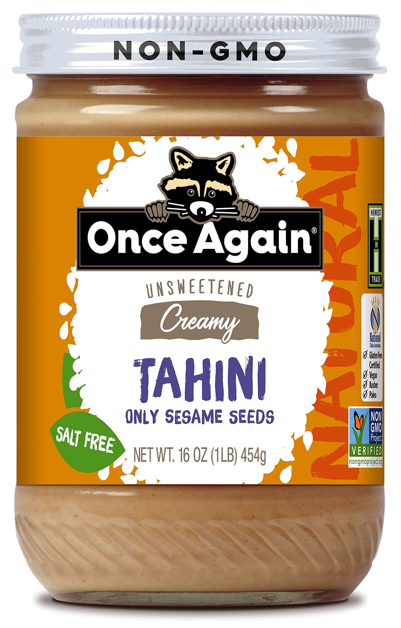 Once Again Organic Tahini, Single Ingredient - Vegan, Non-GMO, Kosher, Gluten Free - For Hummus Dips, Dressings, Spreads - Organic Tahini Paste from Pure Sesame Seeds (16 oz Glass Jar)