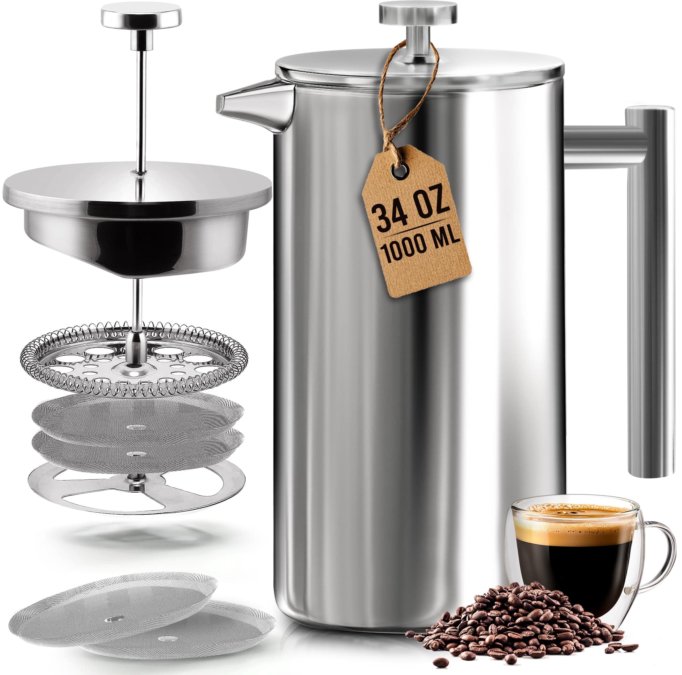 304 Grade Stainless Steel French Press Coffee Maker 34 Oz, Double Wall Insulated Coffee Press with 4-Level Filtration System, Include 2 Extra Filters, Rust-Free, Dishwasher Safe, Silver