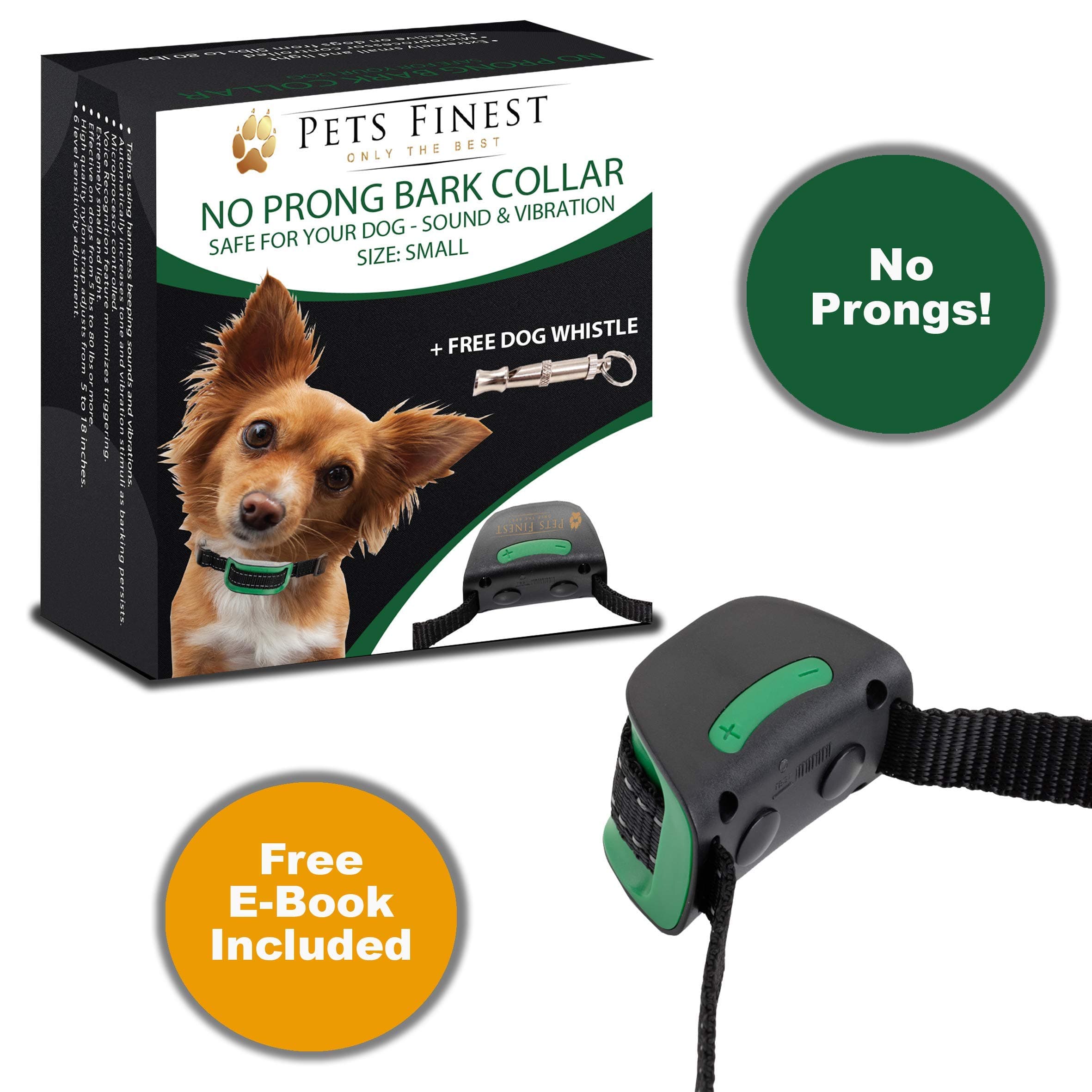Pets Finest Advanced Intelligent Anti Bark Dog Collar No Prong Comfort + Dog Whistle Stop Dogs Barking Sound & Vibration, Small Dogs, No Shock, No Spray - Dog Canine Psychology E-book (Small No Prong)