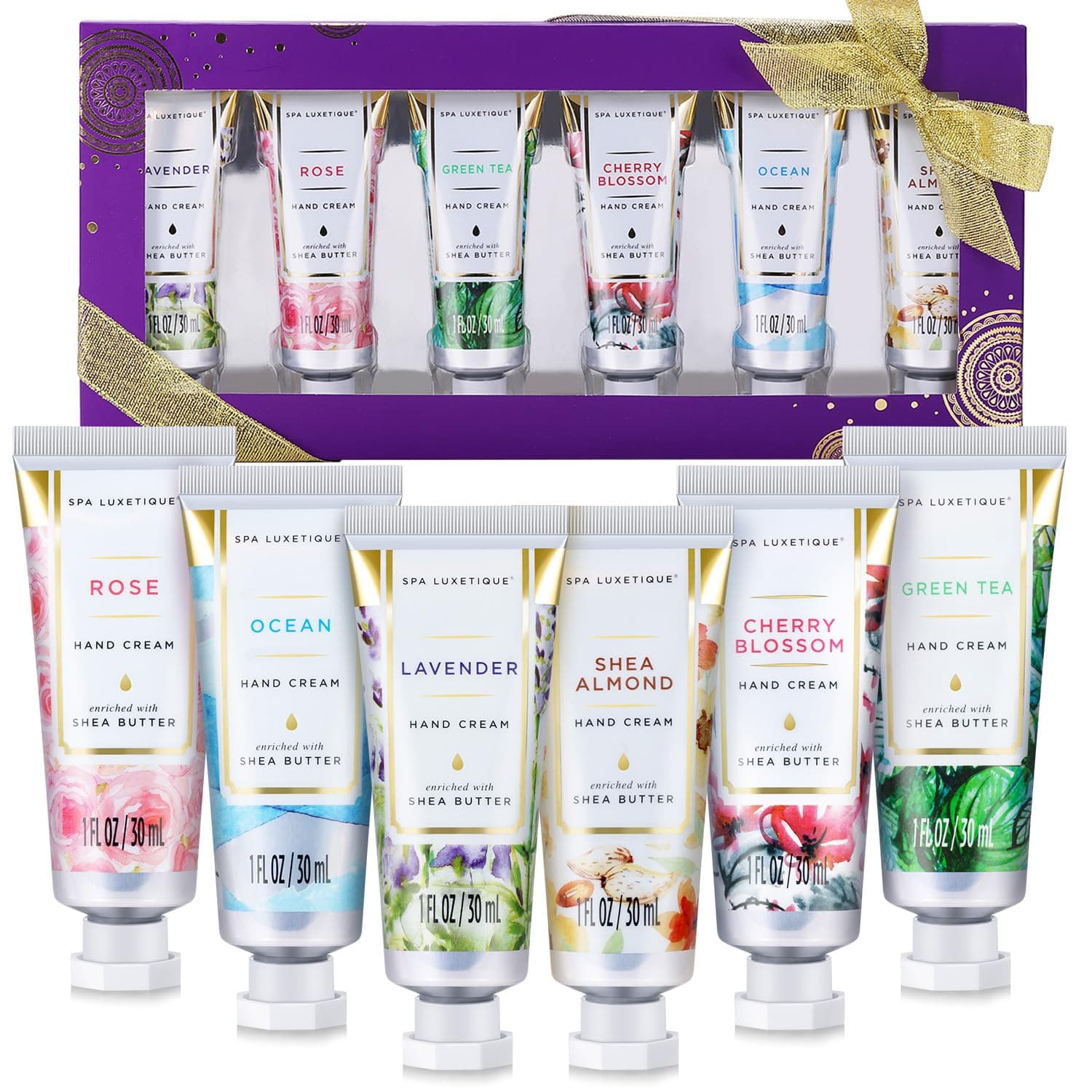 Spa Luxetique Shea Butter Hand Cream Gift Set, Small Moisturizing 6 Travel Size Nourishing Hand Cream Set with Natural Aloe and Vitamin E, Moisturising & Hydrating for Dry Hands