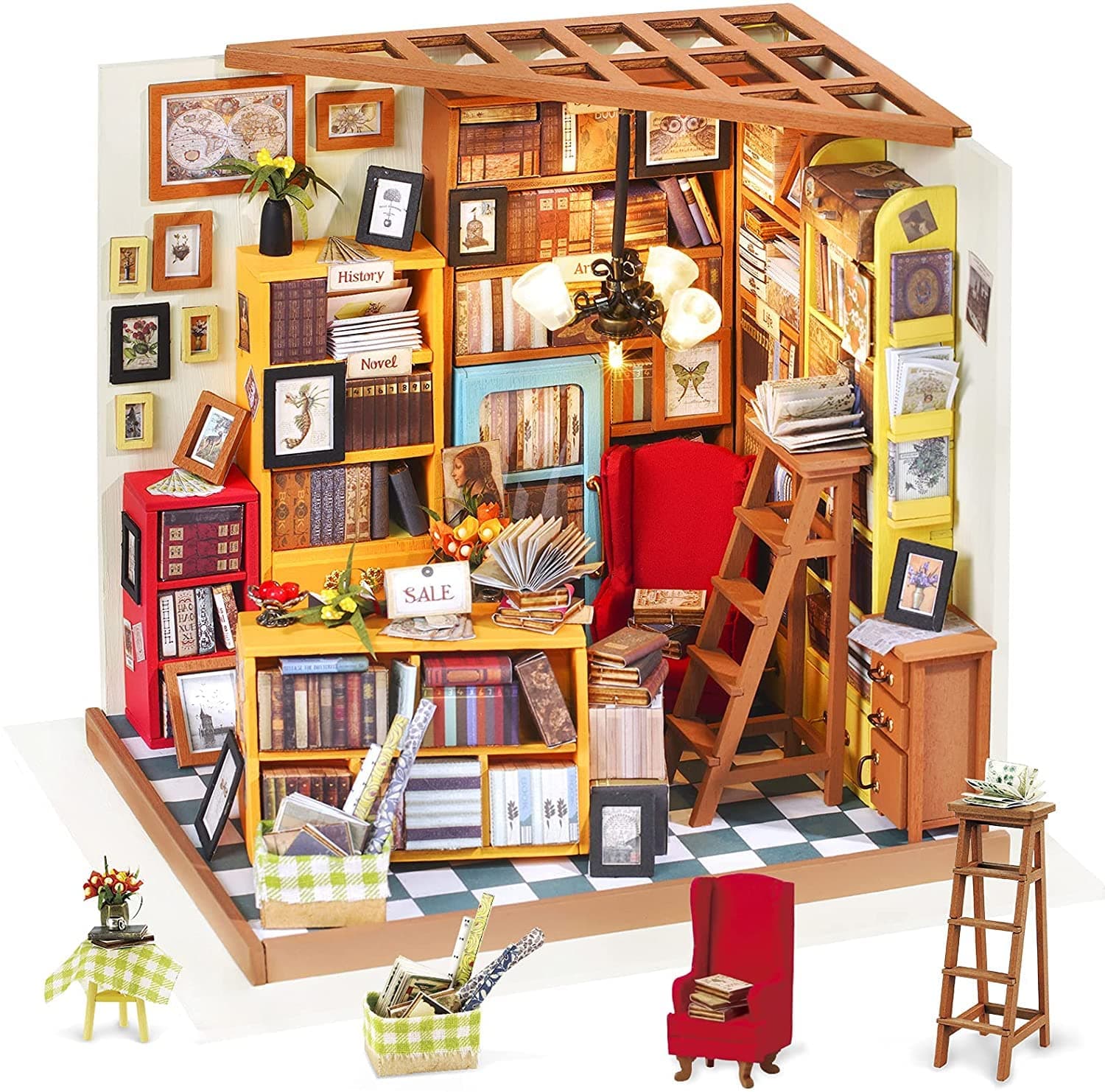 Book Store Dollhouse DIY Miniature Room Set-Woodcraft Construction Kit-Wooden Model Building Set-Mini Library Play Set (Sam's Study Room)