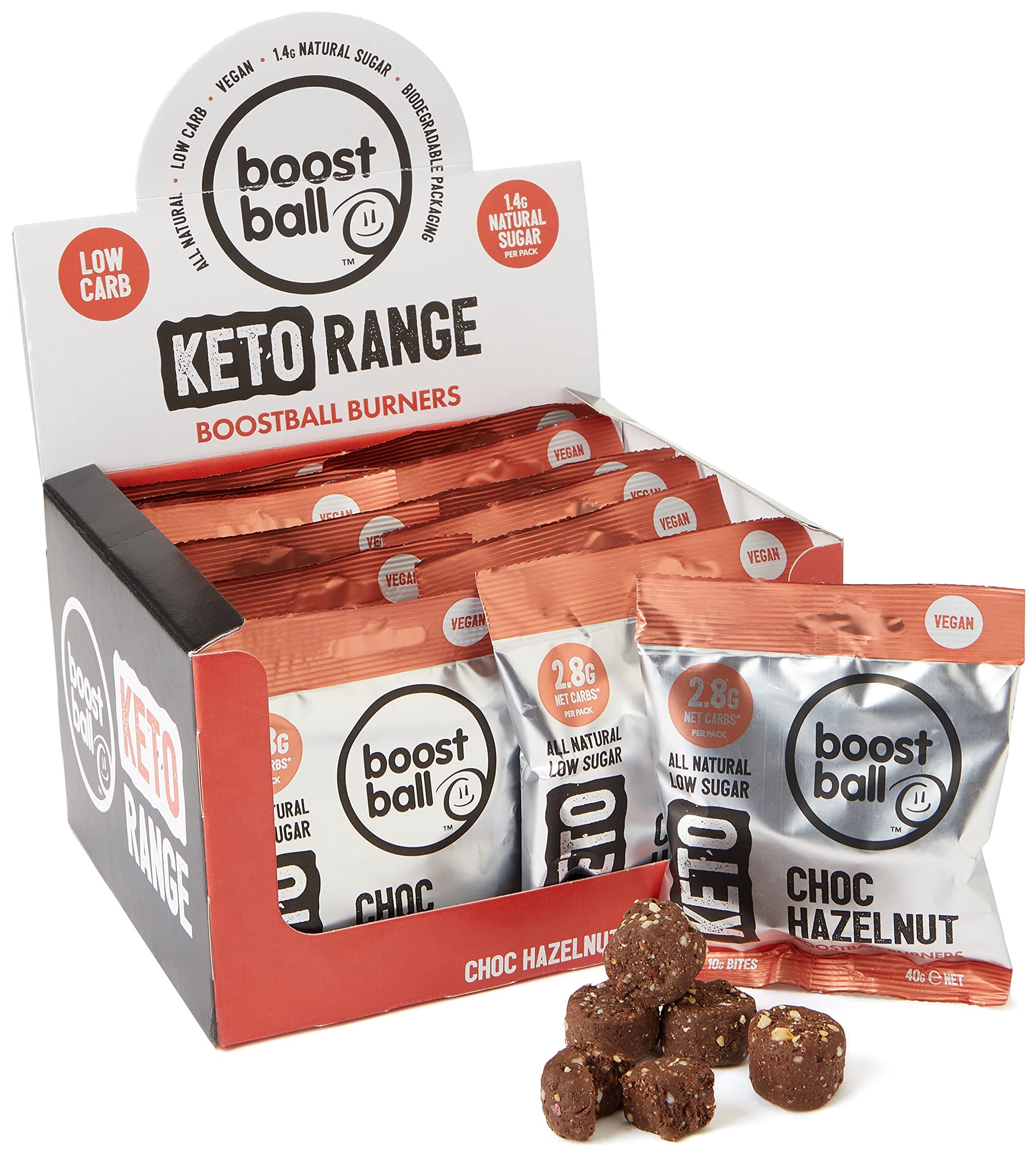 Boostballs Keto Snacks, Low Carb, Vegan, Low Sugar, Gluten Free, 100% Natural, Chocolate Hazelnut Flavour, Pack of 12 x 40g