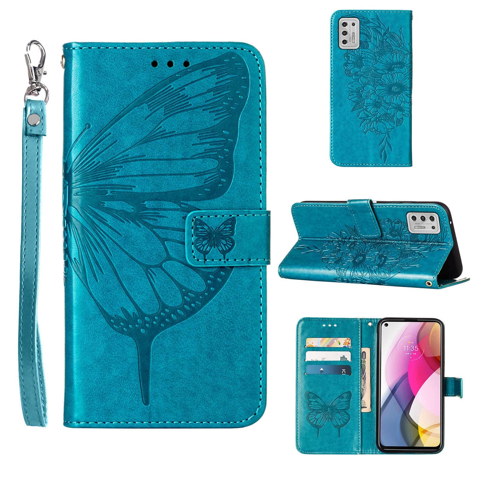 Compatible for Moto G Stylus 2021 Case Wallet,[Kickstand][Wrist Strap][Card Holder Slots] Butterfly Floral Embossed PU Leather Flip Cover for Moto G Stylus (2021) Case (Blue)