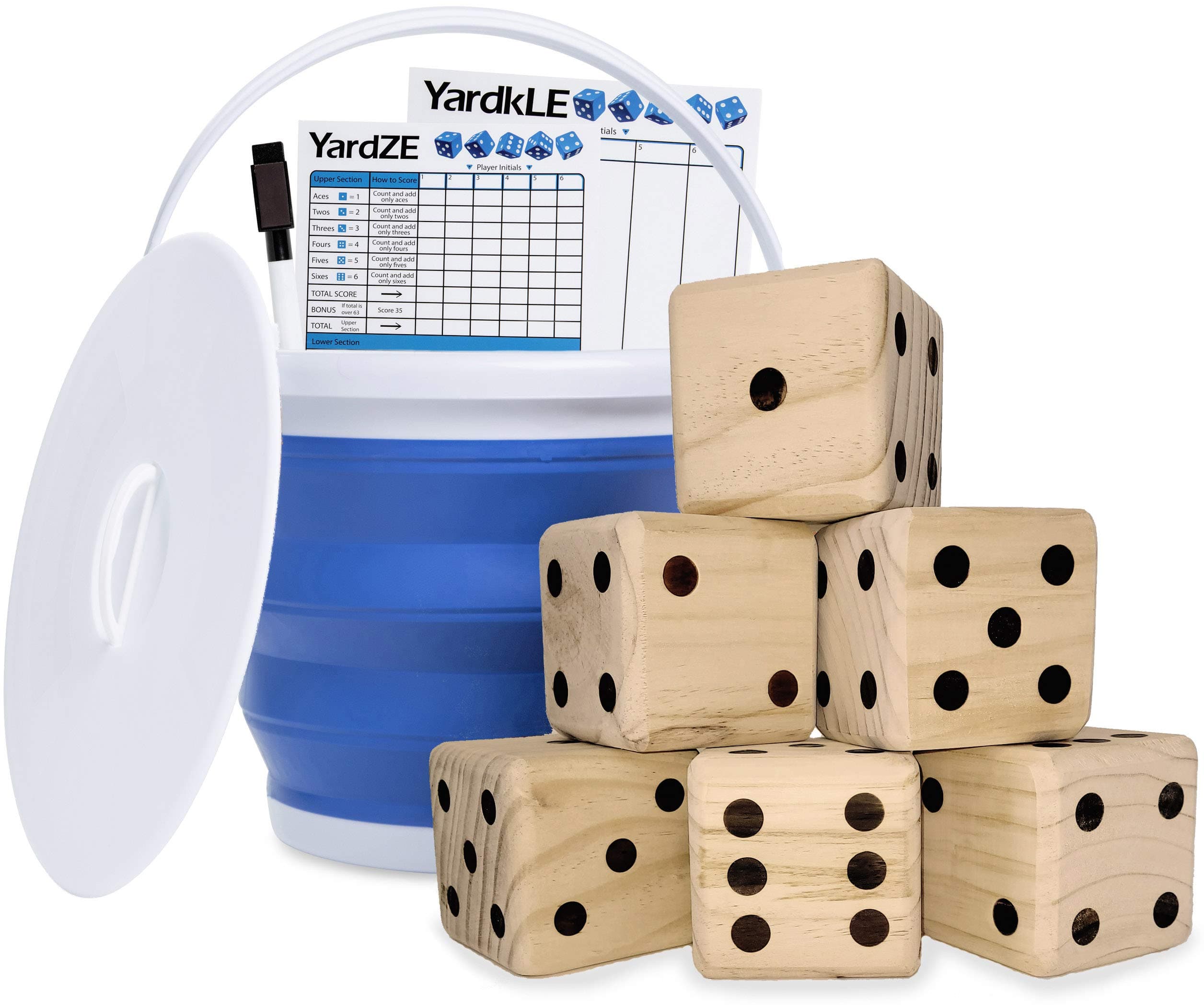 Giant Wooden Playing Dice Set with Roll Bucket and Scorecard, Outdoor Lawn Yard Game - Includes 6 Dice, Dry Erase Scorecard W/Marker, Roll Bucket, Carrying Bag (3.5" Dice)