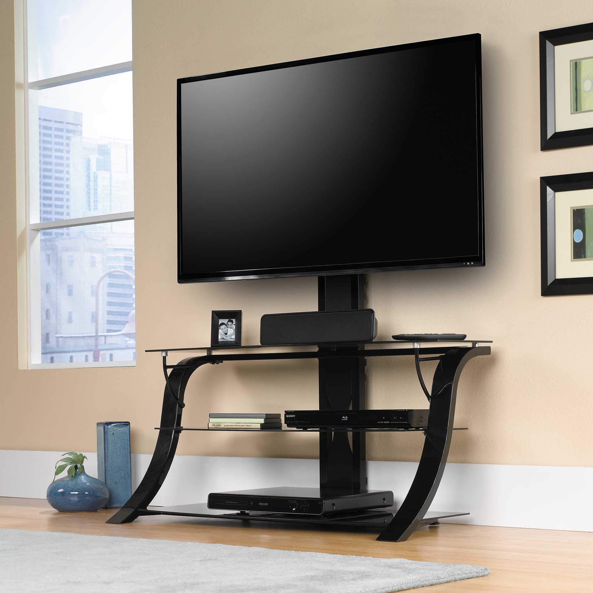 Sauder Panel Tv Stand with mount, For TV's up to 50", Black/black