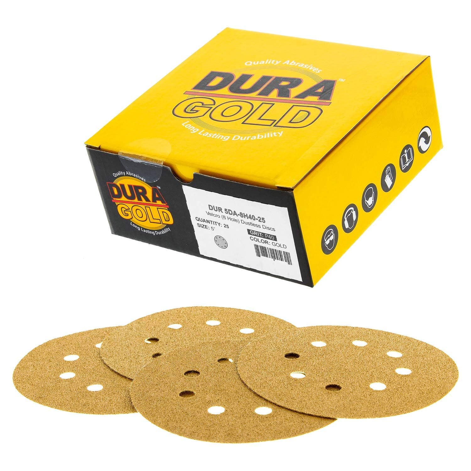 Dura-Gold Premium 40 Grit 5" Sandpaper Discs, 8 Hole Pattern Dustless, 25 Discs - Hook & Loop Backing for Orbital DA Sander, Detailing Finishing Color Sanding Automotive Paint Woodworking