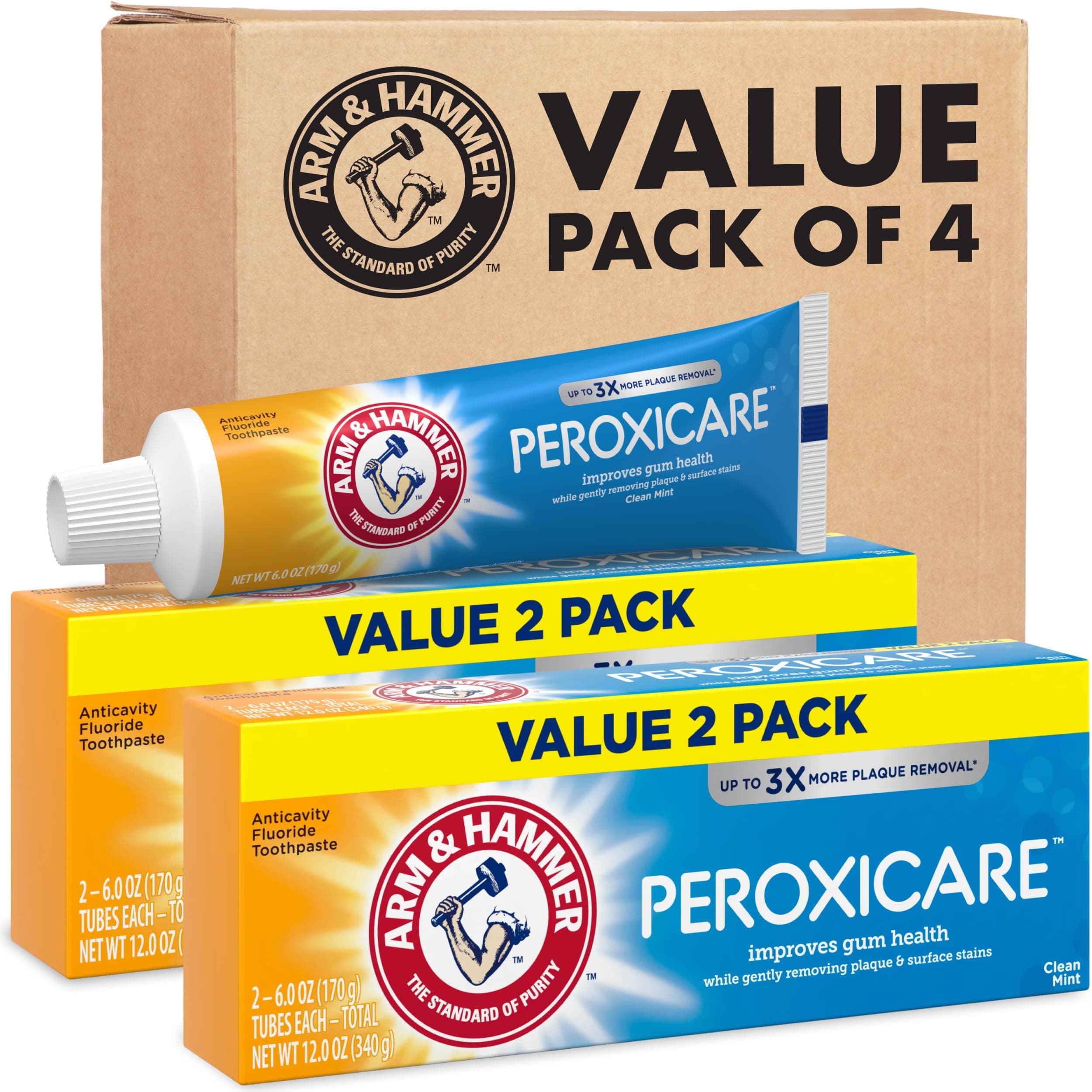 ARM & Hammer Peroxicare Toothpaste for Gum Health, Baking Soda Toothpaste, Clean Mint, 6.0 oz (Pack of 4