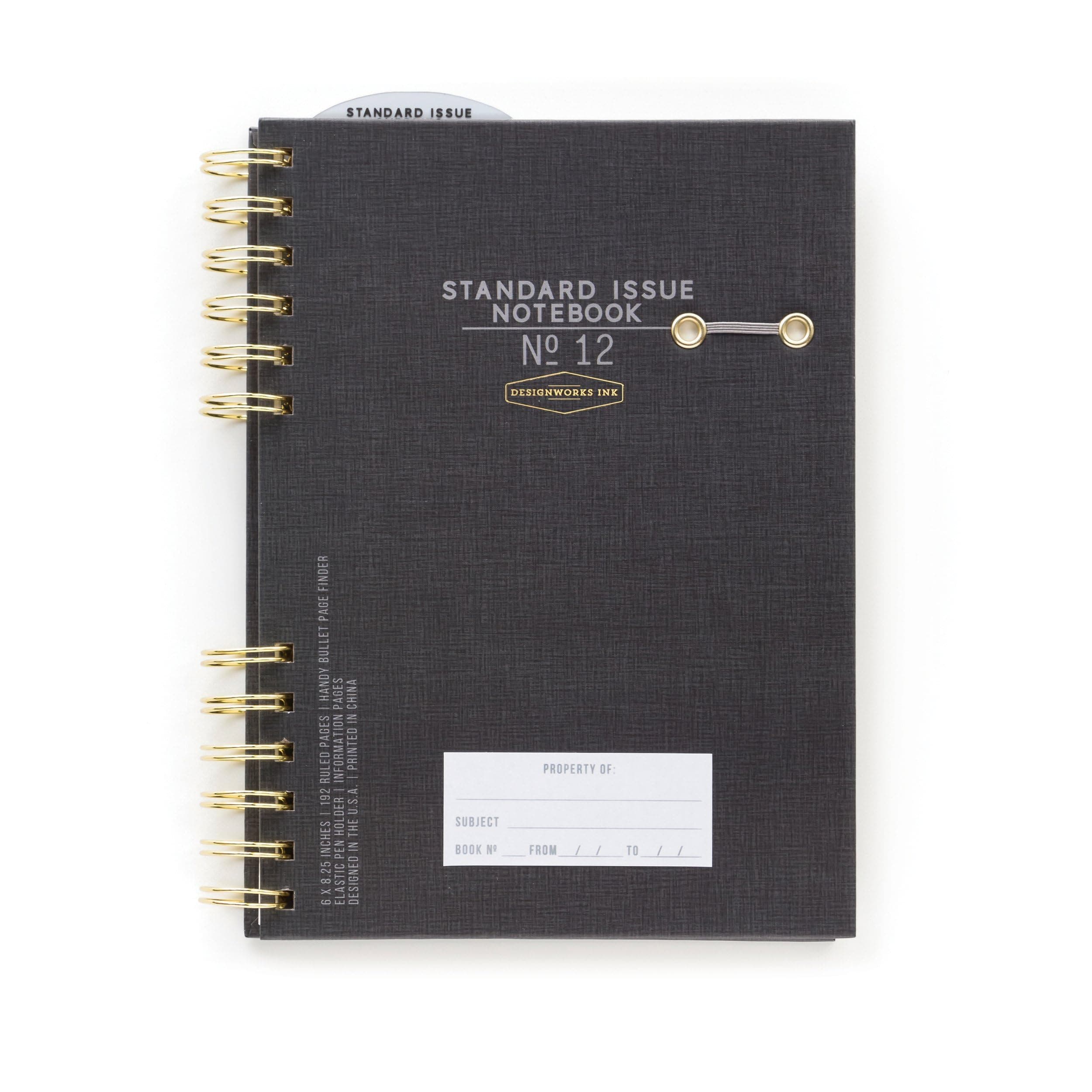 DesignWorks Ink Standard Issue Notebook No. 12 – 6" x 8.25" Undated Daily Planner & Writing Journal, 192 Lined Pages, Elastic Pen Holder, Small Spiral Notebook for Work & Journaling - Black