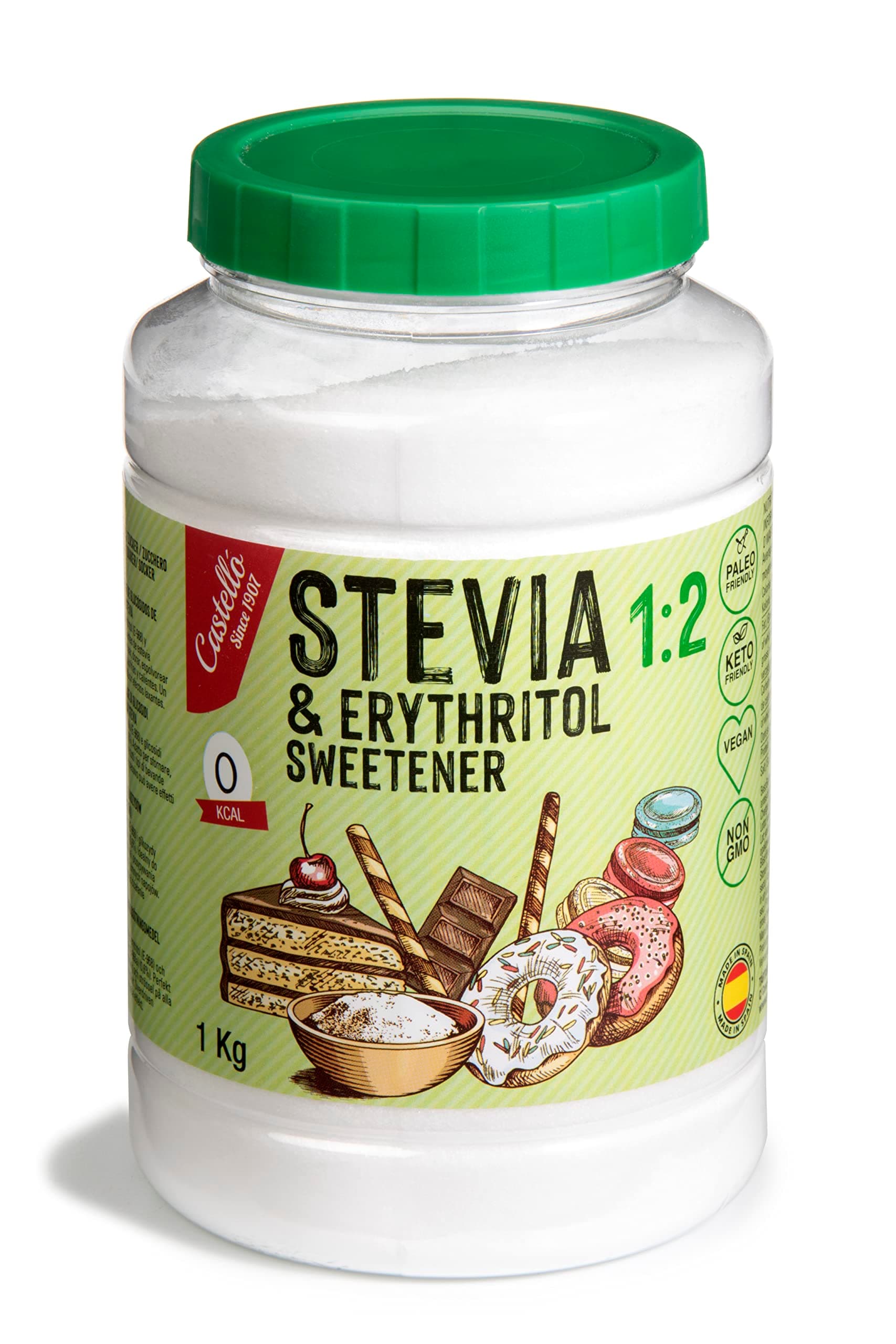 Castello since 1907 Stevia + Erythritol 1:2 Sweetener | 1g = 2g of sugar | 100% Natural taste Sugar Substitute - 0 Calories - 0 Glycemic Index - Keto and Paleo - 0 Net Carbohydrates - Non-GMO - 1kg