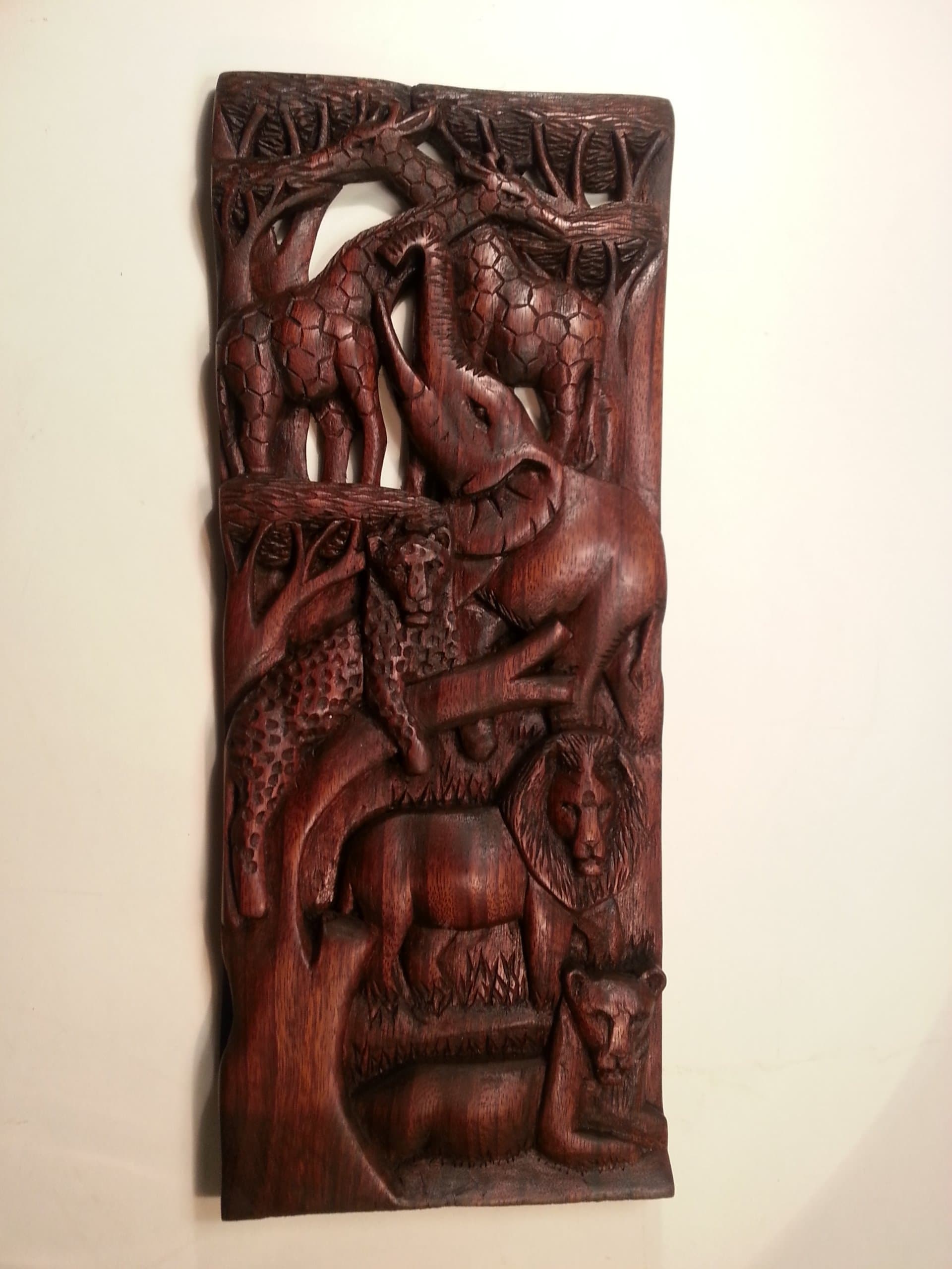 African Wooden Hand Carved Plaque: 2 Giraffes, Elephant, Lion, Lioness and Leopard