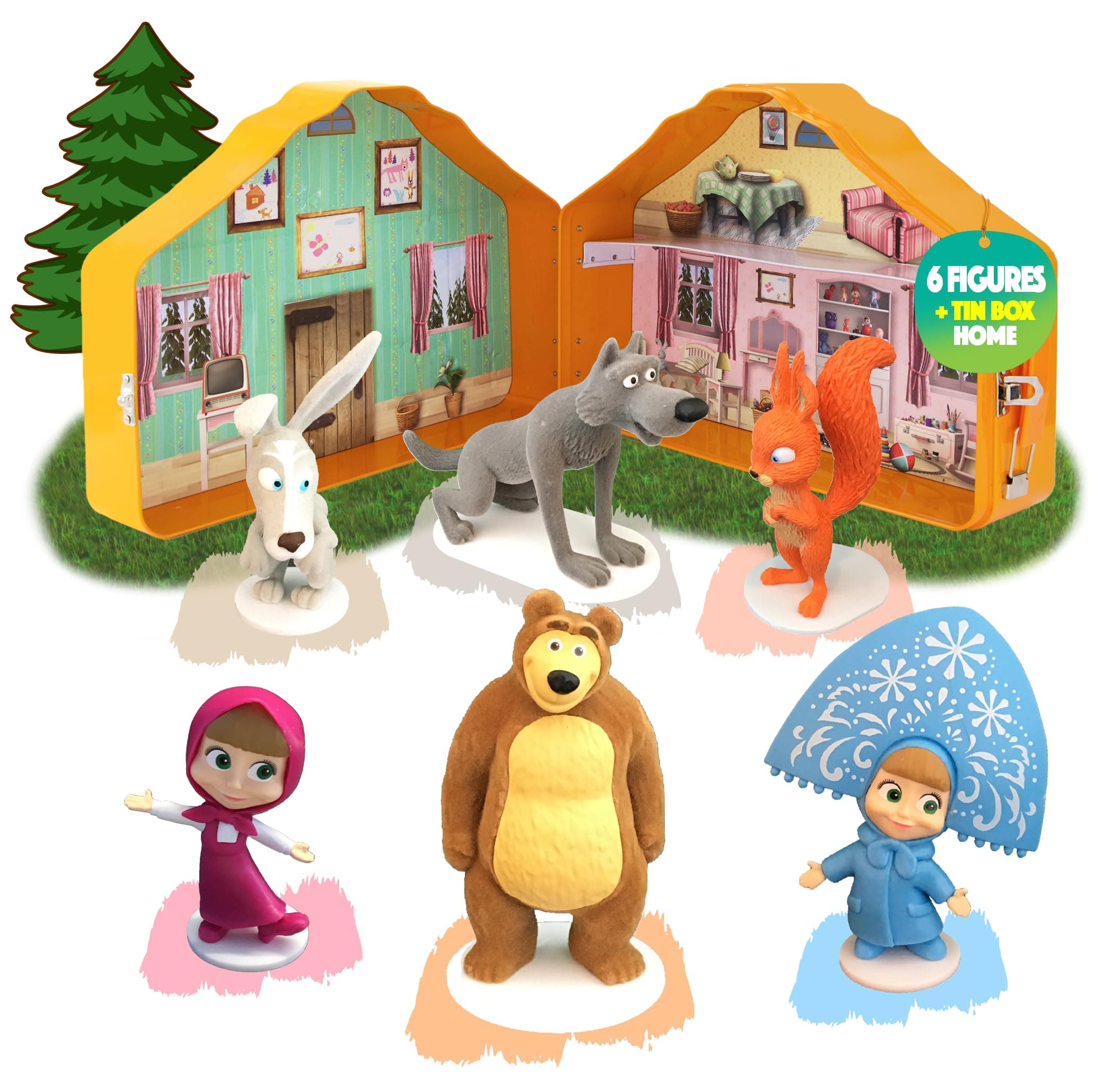 Masha and The Bear Playset House, Top Notch Premium 6-Velvety Figurine Set in Tin-Lunchbox Easy to Carry & Store, Collectors' Delight