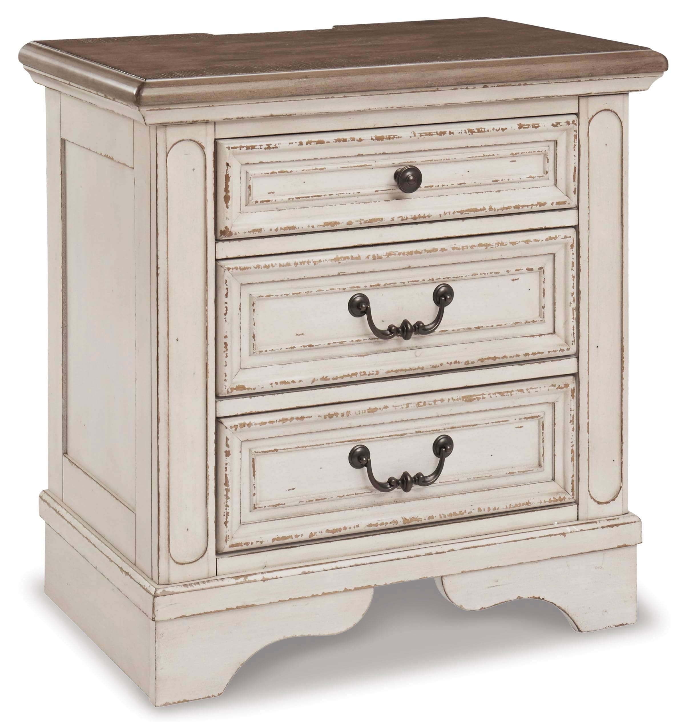 Signature Design by Ashley Realyn French Country 3 Drawer Nightstand with Electrical Outlets & USB Ports, 27.75" Tall, Chipped White
