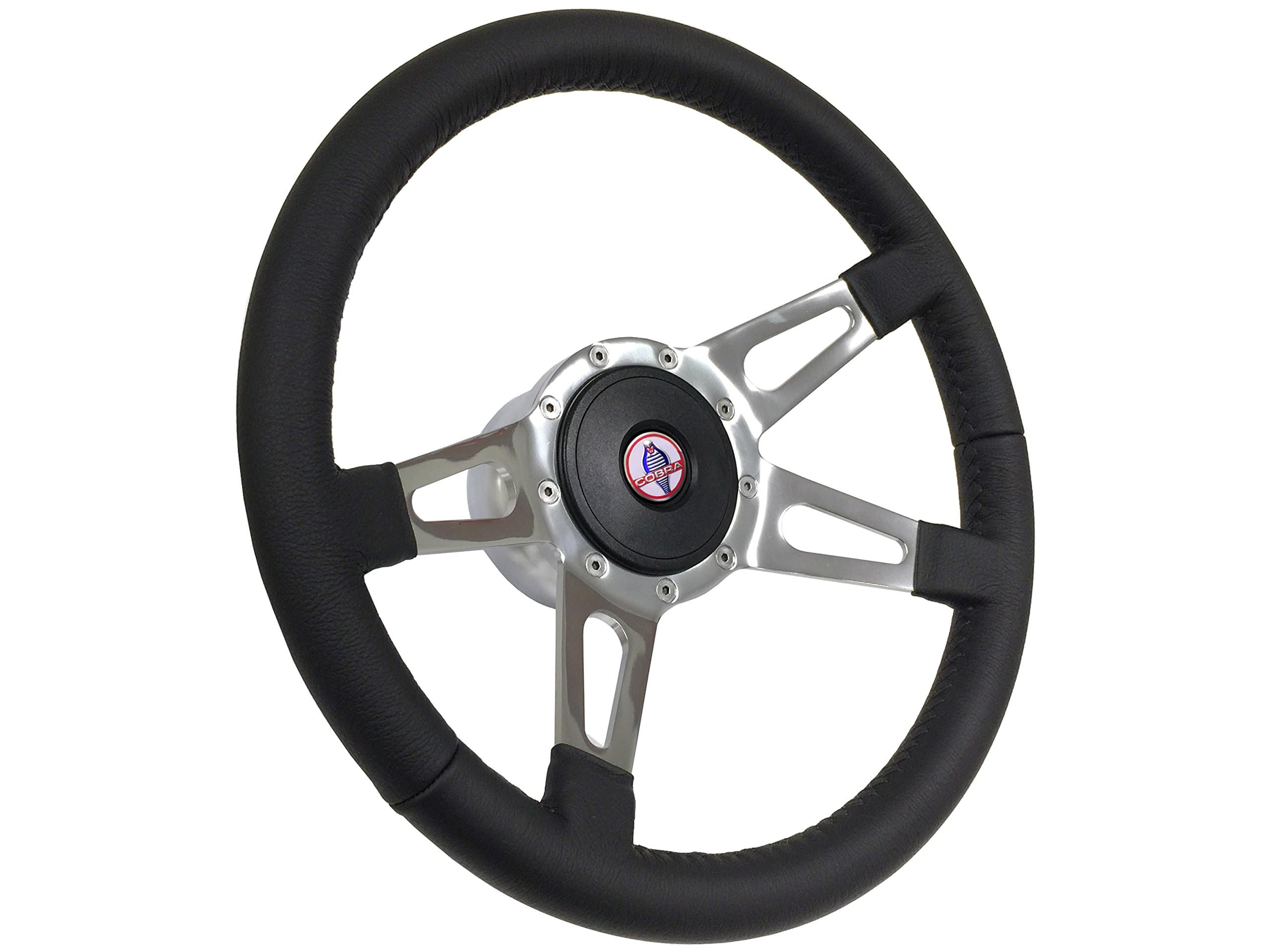 VSW S9 Leather Slotted 4-Spoke Steering Wheel Kit Compatible with 1968-1973 Ford Mustang, Cobra Foil Emblem