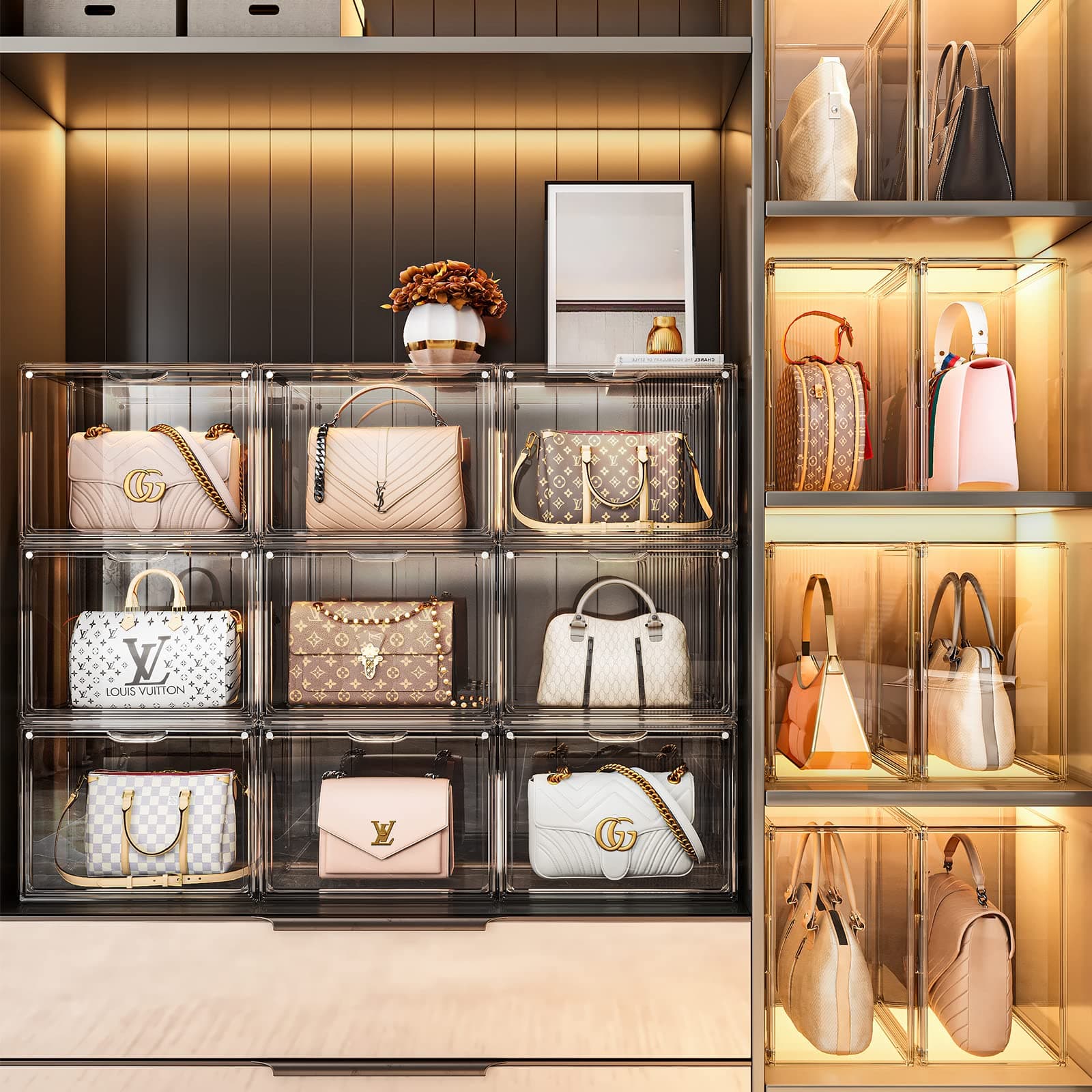 Closet Organizers And Storage Clear Handbag Storage,Purse Organizer For Closet System 3 Packs Acrylic Display Case, Plastic Storage Containers With Magnetic Door Box Organizers for Collectibles