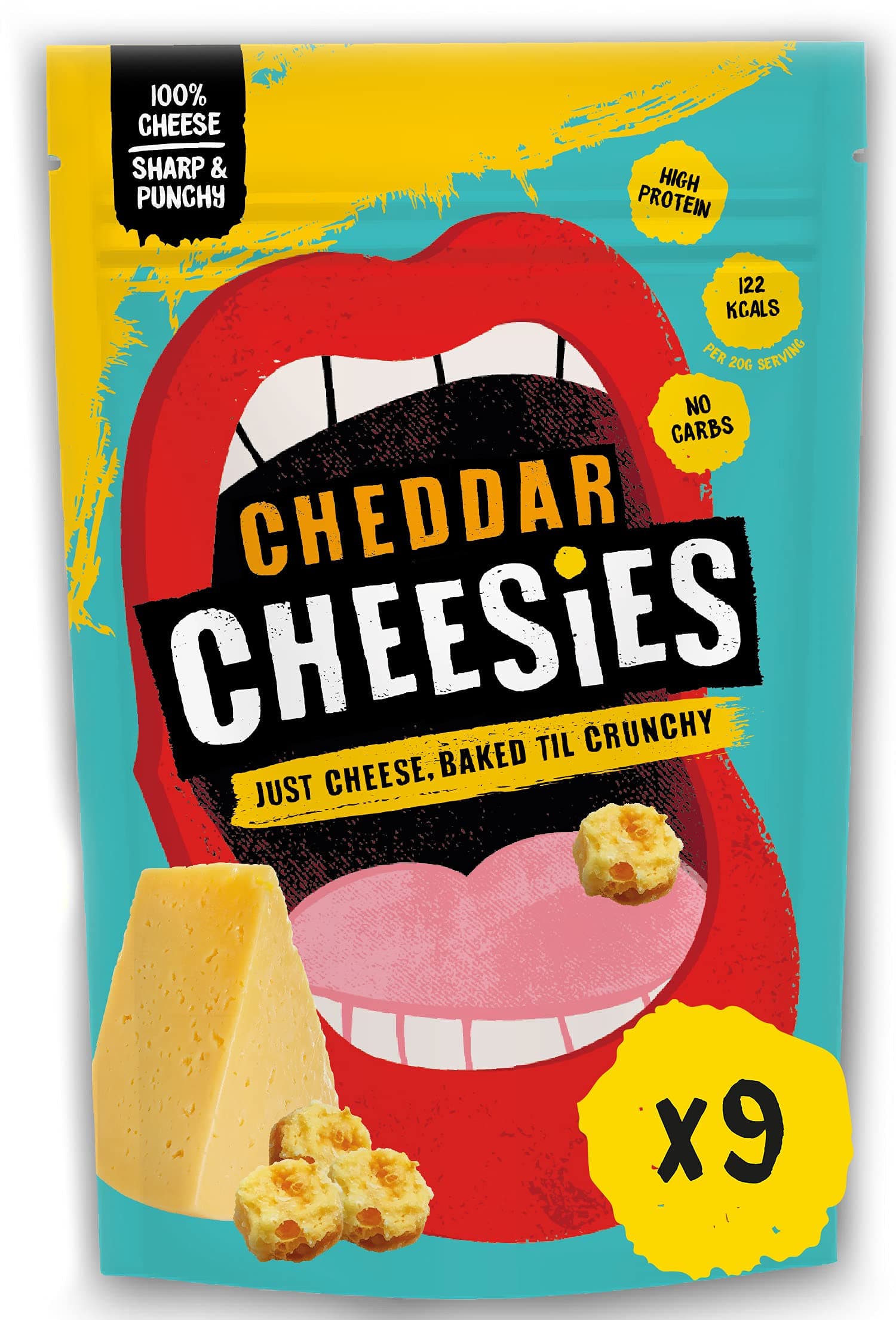 CHEESIES | Crunchy Cheese Keto Snack | Cheddar | 100% Cheese | Sugar Free, Gluten Free, No Carb | High Protein and Vegetarian | Crunchy, Baked and Tasty | Multipack | 9 x 60g Bags