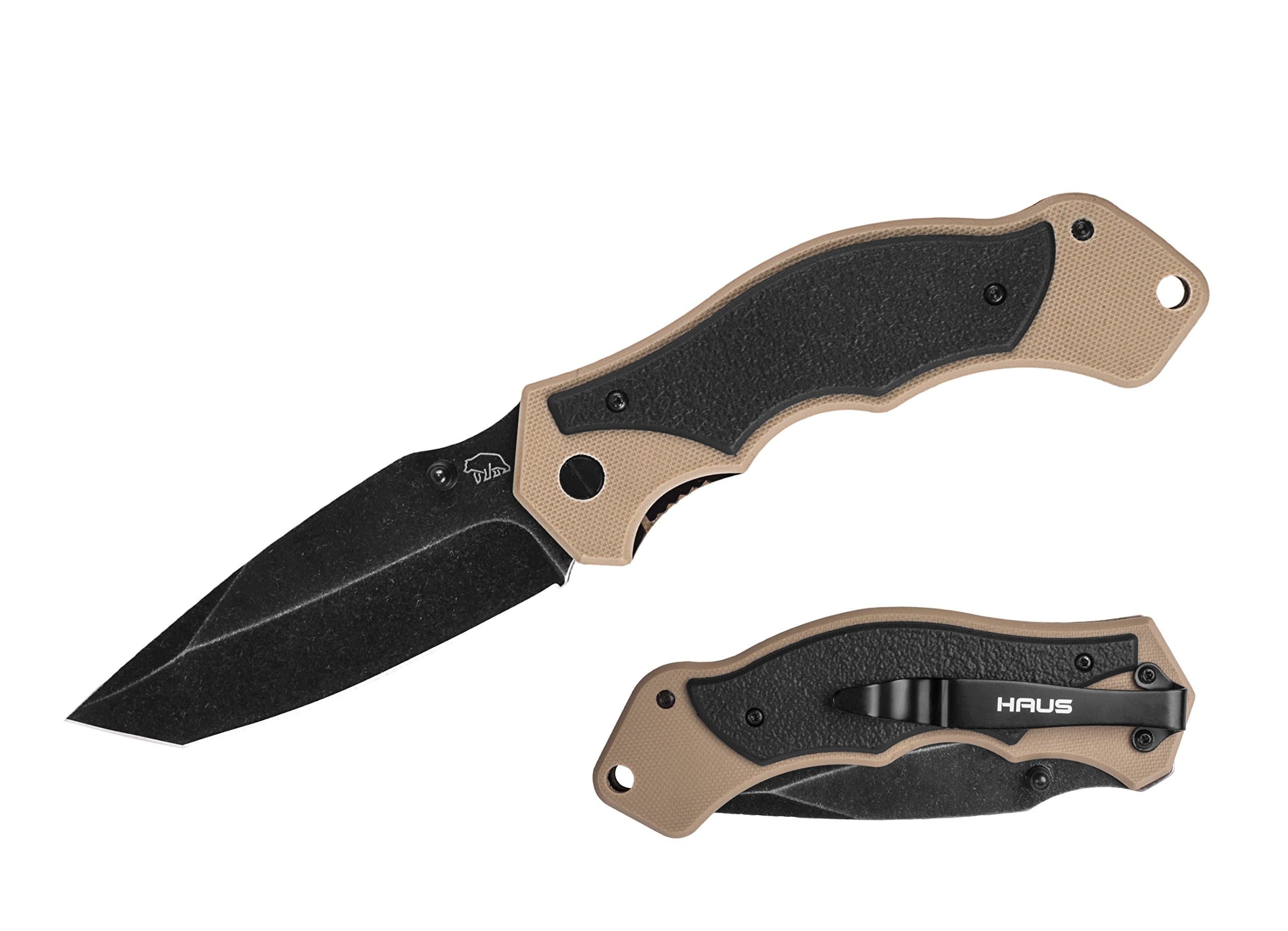 HAUS Tactical Folding Knife, Chilkat, Everyday Carry, Dark Stone Washed Blade, G10 Scale Handle, 5 Inch Folded (Tan)