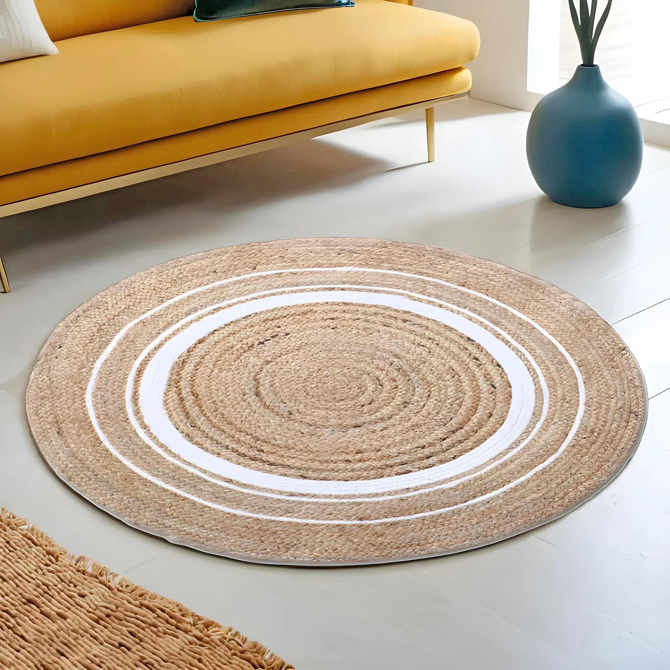 Hand Woven Braided Carpet Rugs|Round Traditional Spiral Design Jute Door mat|Mat for Bedroom,Living Room,Dining Room,Yoga,60x60 cm,(White)