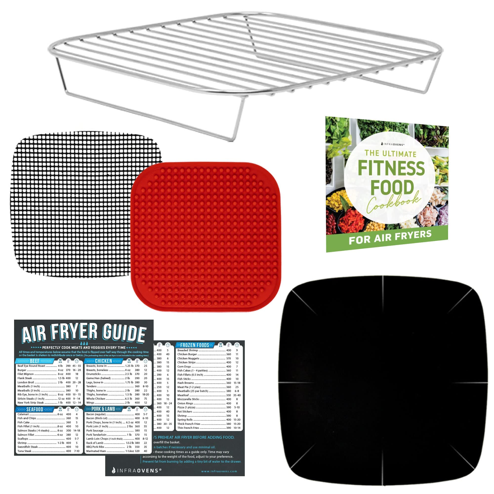 Air Fryer Accessories with Rack, Reusable Mats and Cheat Sheet Guides Compatible with Gowise, Chefman, Cosori, PowerXL Grill, Nuwave®, Gourmia + More - Stainless Steel Air Fryer Rack, Square 8.7 inch