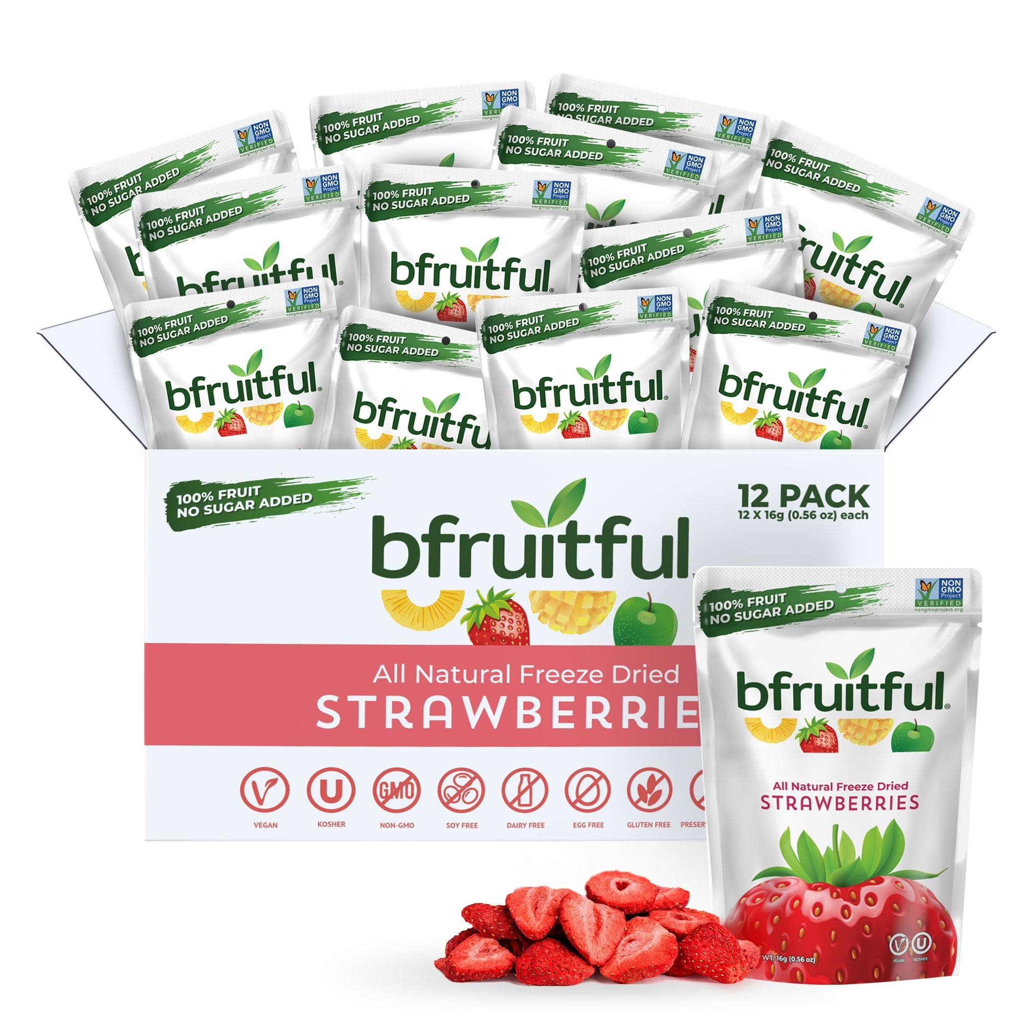 bfruitful Freeze-Dried Strawberries, Freeze Dried Fresh Fruit Bites, Gluten Free, Vegan, Dairy Free, Kosher, No Sugar Added, Non GMO, Healthy Snacks for Kids or Adults, 0.56 oz Single-Serve Snack Packets, 12 Pack