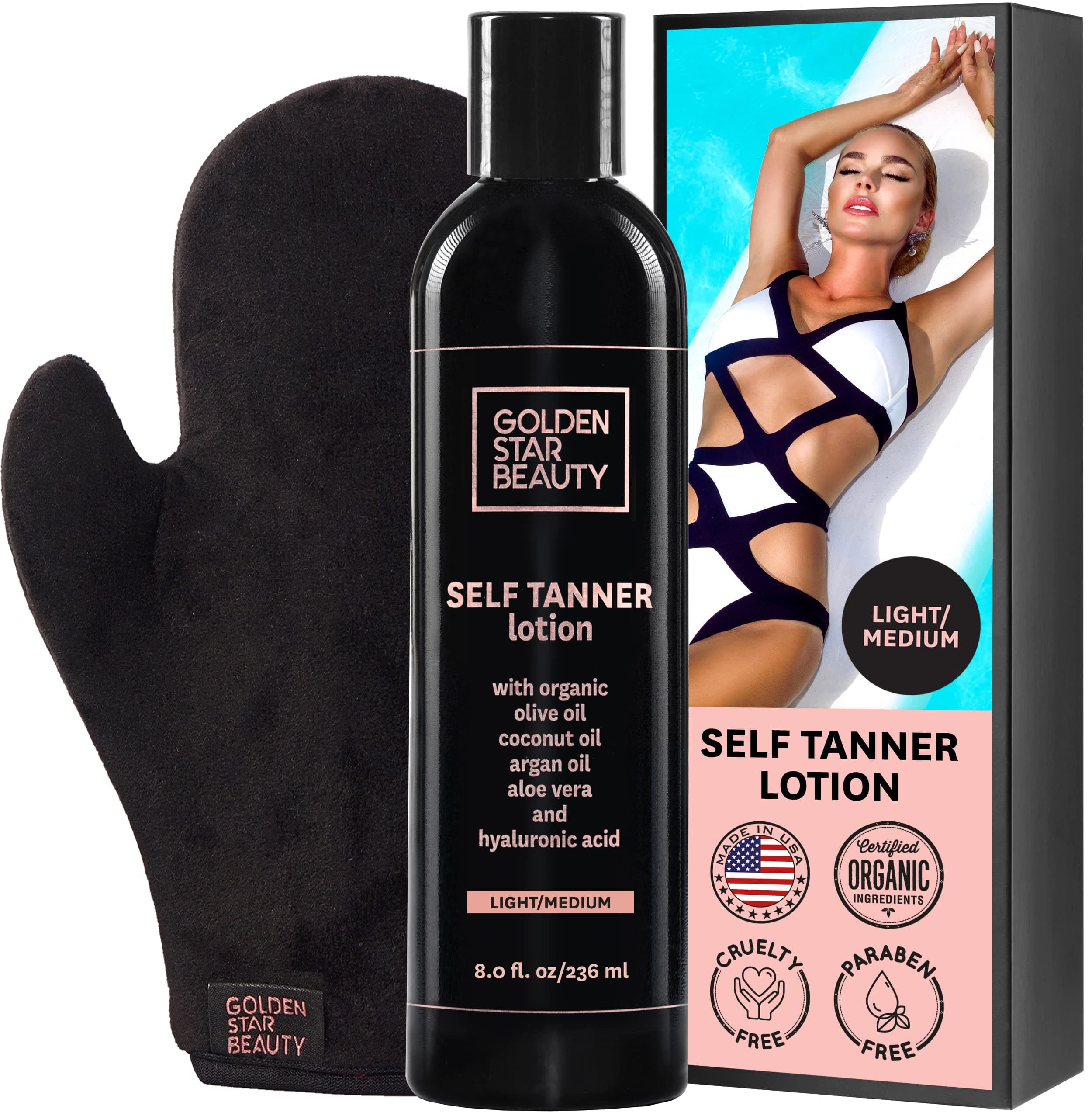 - Self Tanner with Tanning Mitt - Sunless Tanning Lotion w/Hyaluronic Acid & Organic Oils Gradual Body Bronzer for Light or Medium Tan 8.0 fl.oz …