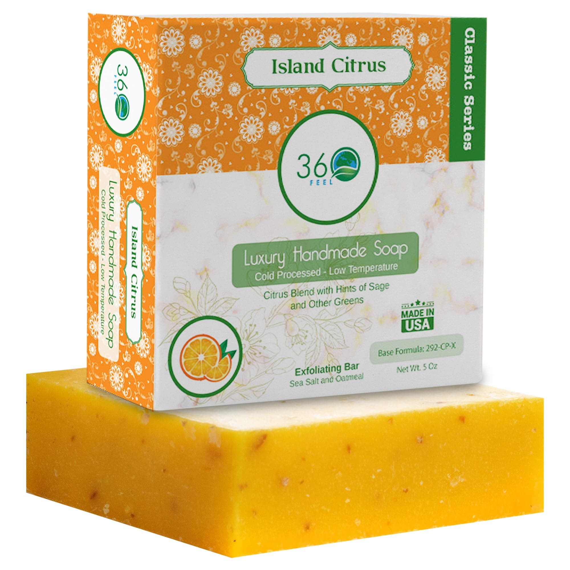 360Feel Island Citrus Soap - Made in the USA - Castile Handmade, All-Natural, Cold-Processed - Infused with Island Citrus for a Tropical Scent - Rich, Creamy Lather - 5 oz