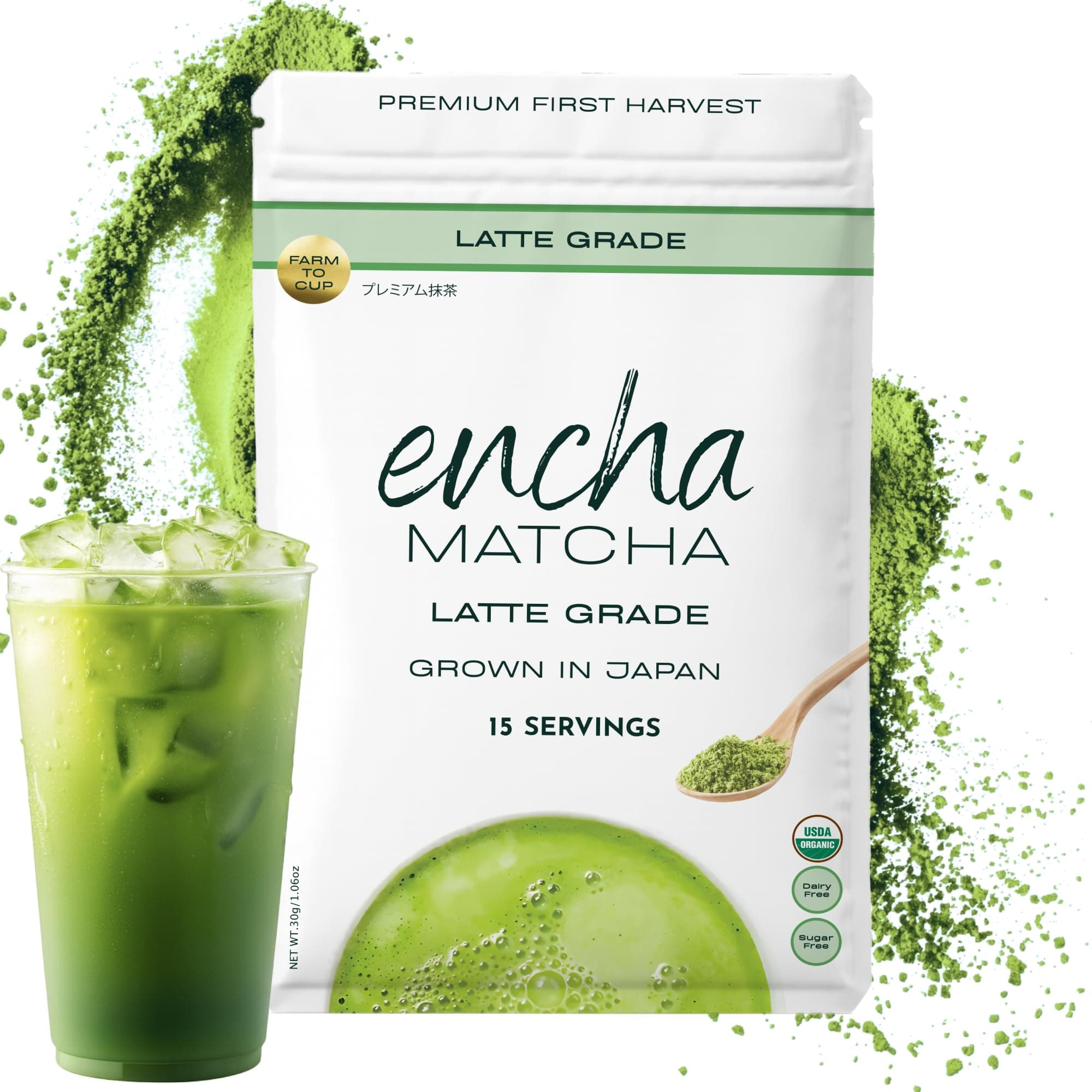 Encha Matcha - Latte Grade Matcha Powder - Unsweetened, First Harvest, Organic Green Tea Powder From Uji, Japan (30G/1.06 Ounce) Premium for Latte, Smoothie - Caffeine, L-Theanine