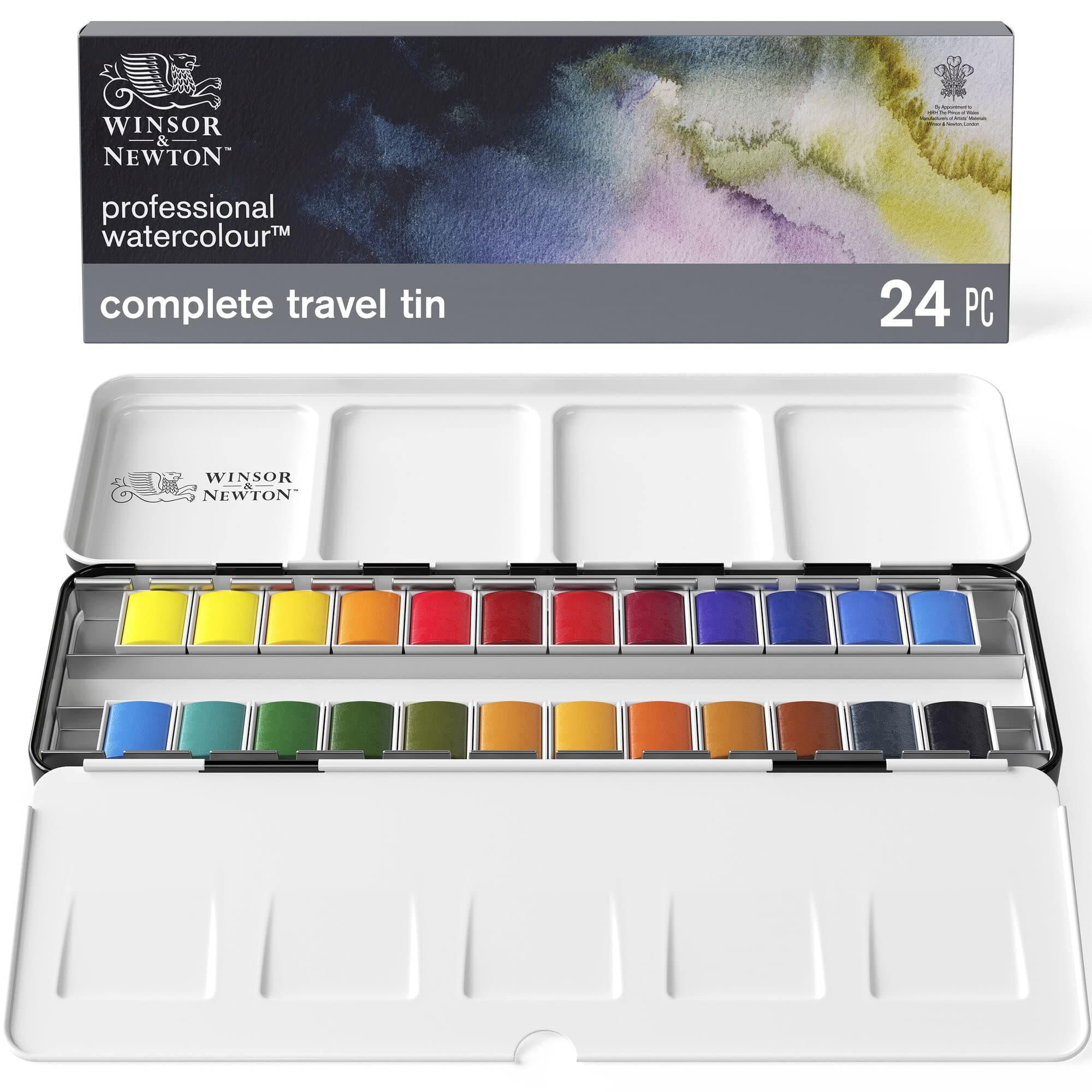 Winsor & Newton Professional Watercolor Paint Set, Lightweight Metal Box, 24 Half Pan