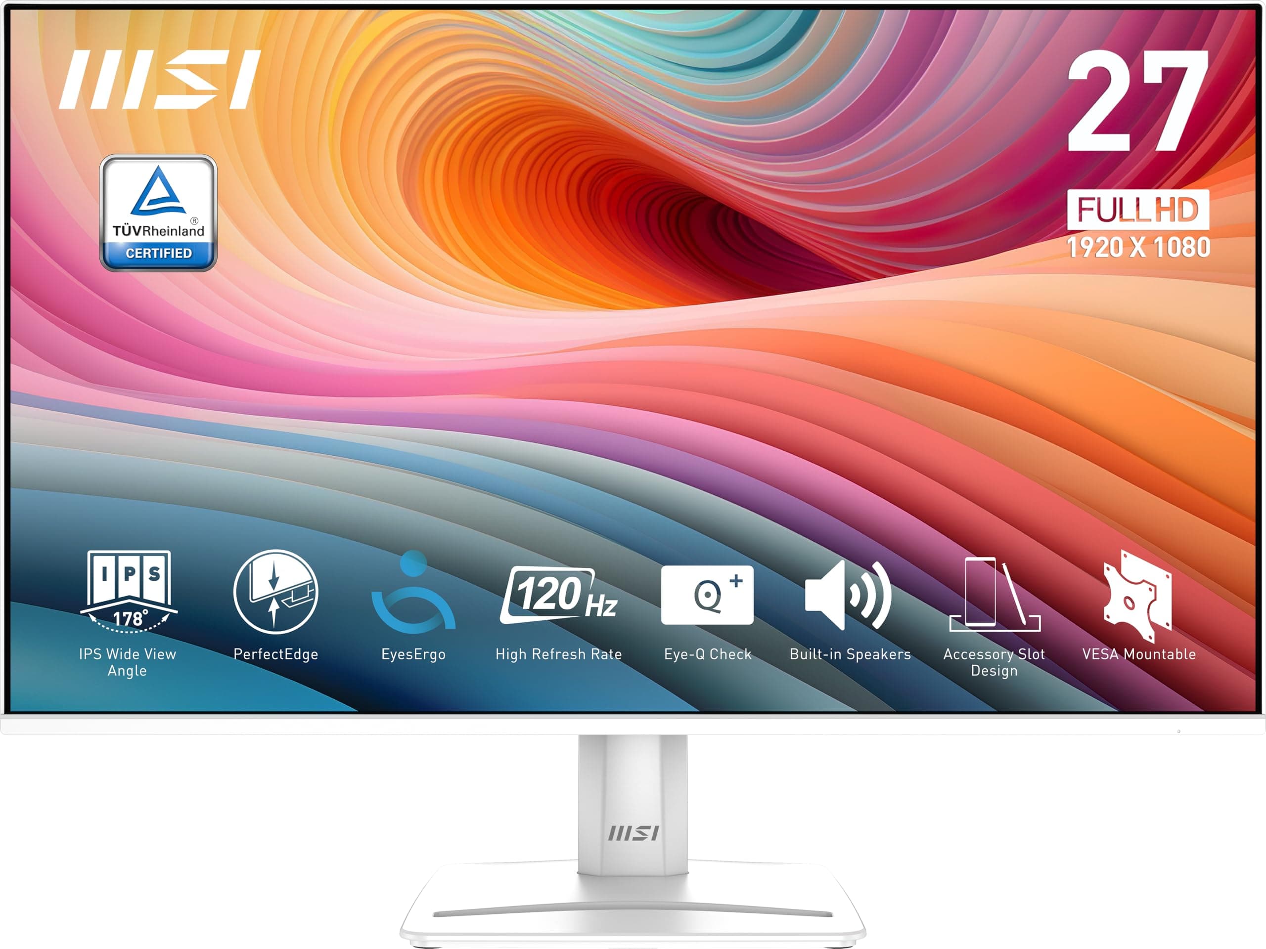 MSI PRO MP275W E2 27-inch IPS 1920 x 1080 (FHD) Gaming Office Monitor, 120Hz, Free-Sync, HDMI, DisplayPort, VGA Port, VESA Mountable, Tilt, Speaker, 4-Side Slim Bezel 1ms, White