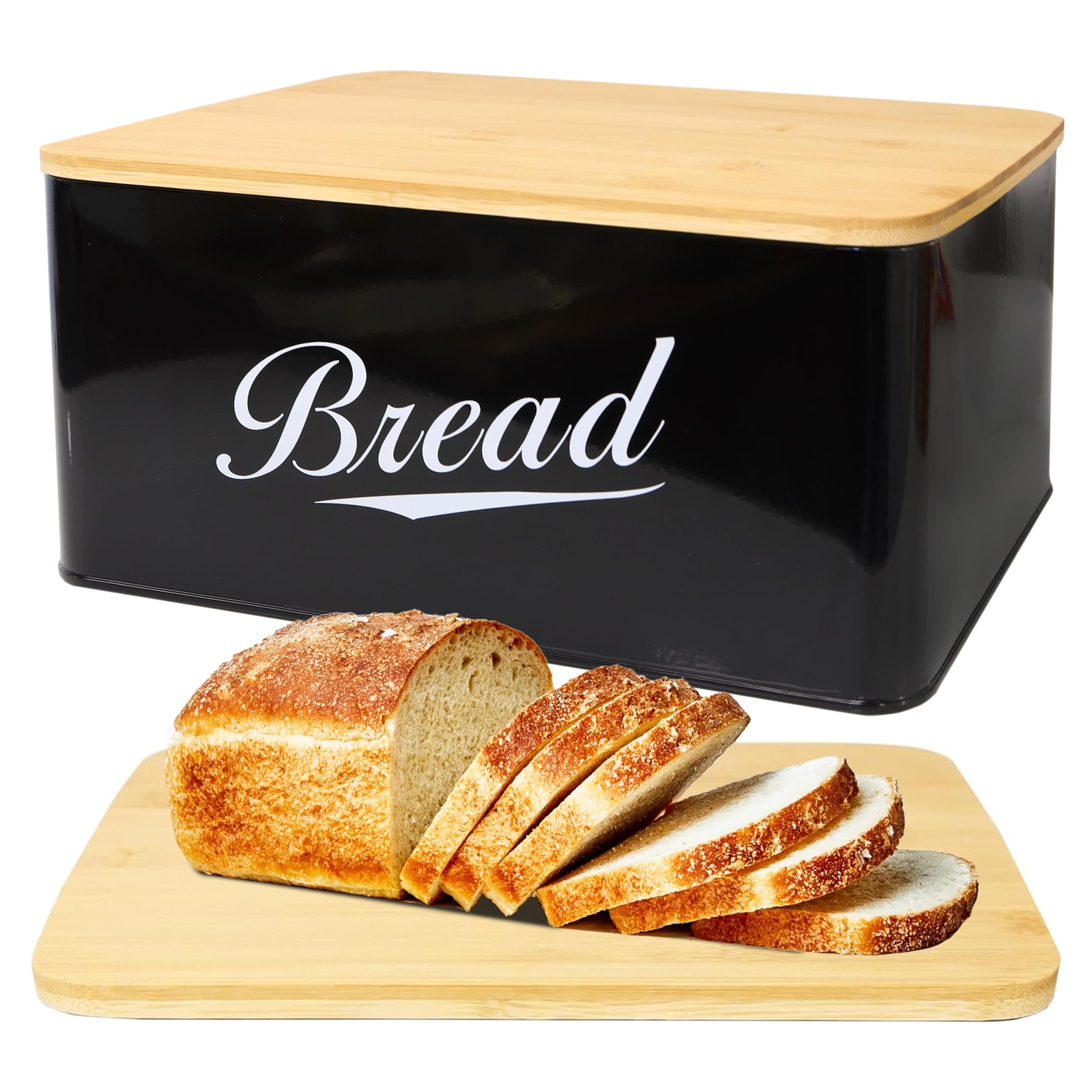 RoyalHouse Modern Metal Bread Box with Bamboo Cutting Board Lid, Bread Storage Container for Kitchen Counter, Vintage Kitchen Decor Organizer - Black