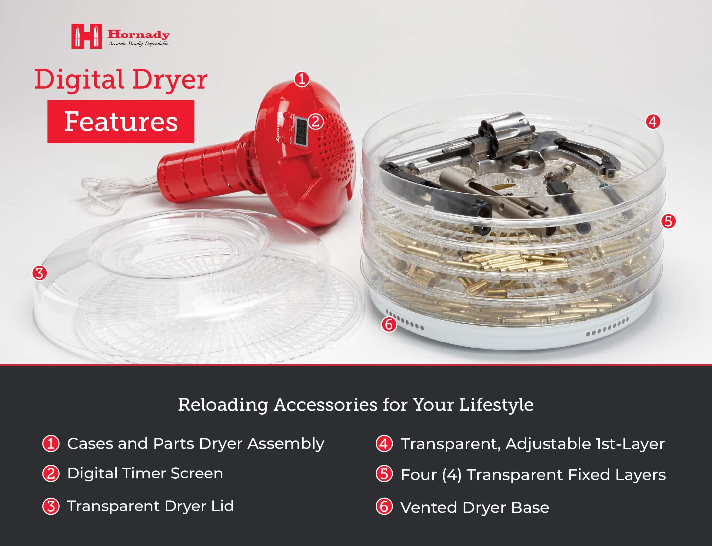 Hornady Digital Case and Parts Dryer – Dry Gun Cases and Parts Thoroughly – Includes 5 Trays for Small and Large Parts – Digital Timer and Temperature Settings – Item 053311