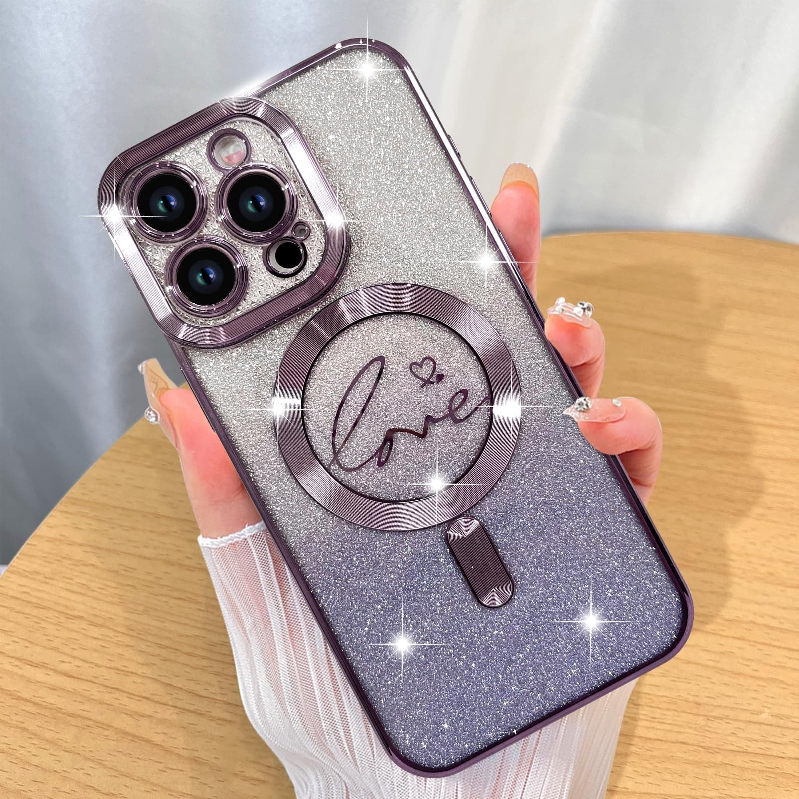 ZIYE Magnetic Case Designed for iPhone 16 Pro Max Glitter Case Luxury Plating Love Heart Compatible with MagSafe Clear Case with Camera Protector Protection Shockproof Cover for Women Girls-Purple