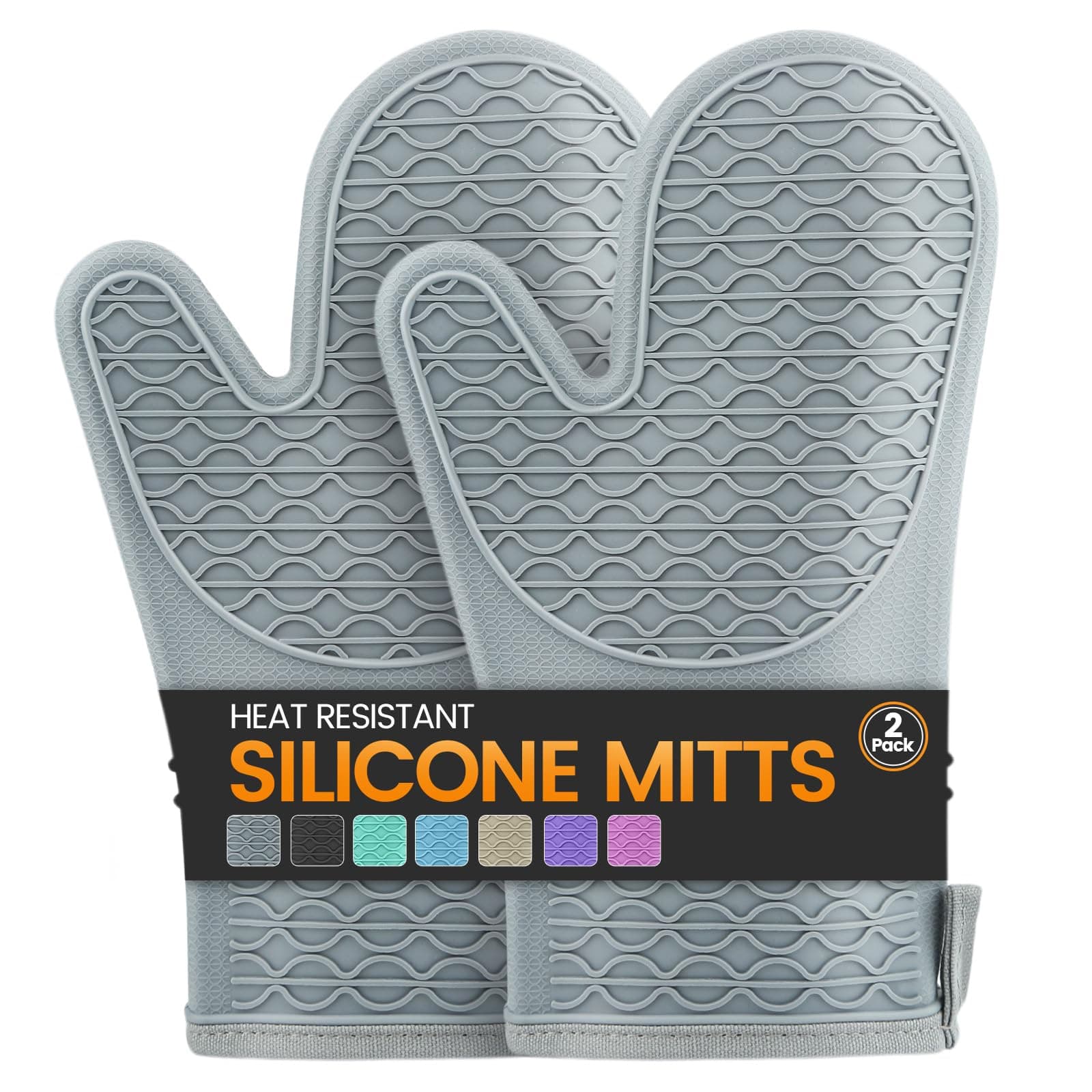 Silicone Oven Mitts, Heat Resistant 2PCS Oven Mitts with Soft Cotton Lining, Waterproof Non-Slip Grip Oven Glove, Kitchen Potholder Mits for BBQ, Baking, Cooking, 12.5 Inch - Grey