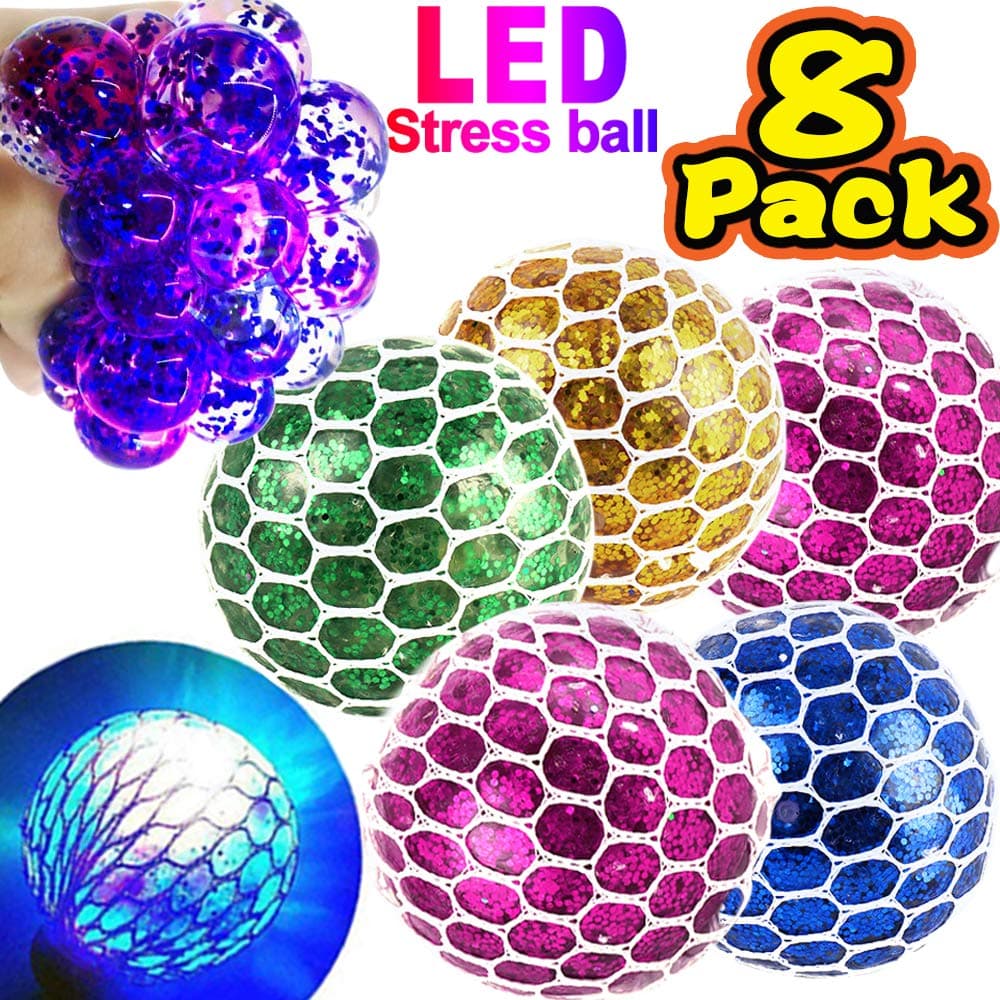 Light Up Mesh Stress Balls - 8 Pack Party Favors for Kids Christmas Stocking Stuffers Decorations with Glitter Grape Stress Relief Toys for Kids Carnival Prizes Box Toys for Classroom Birthday Gift