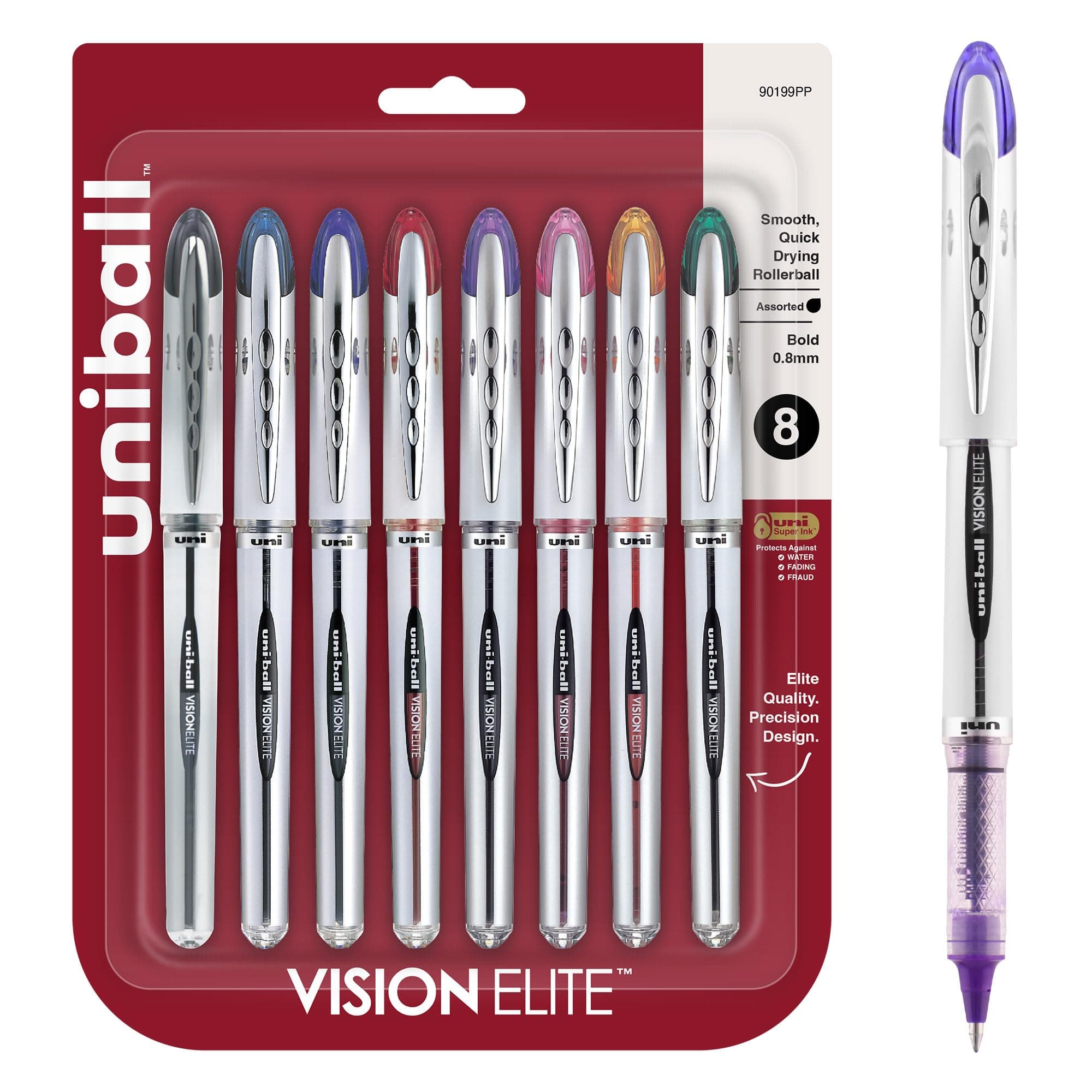 Uni-Ball Vision Elite Rollerball Pen Assorted Color 8-Pack Airplane Safe #90199