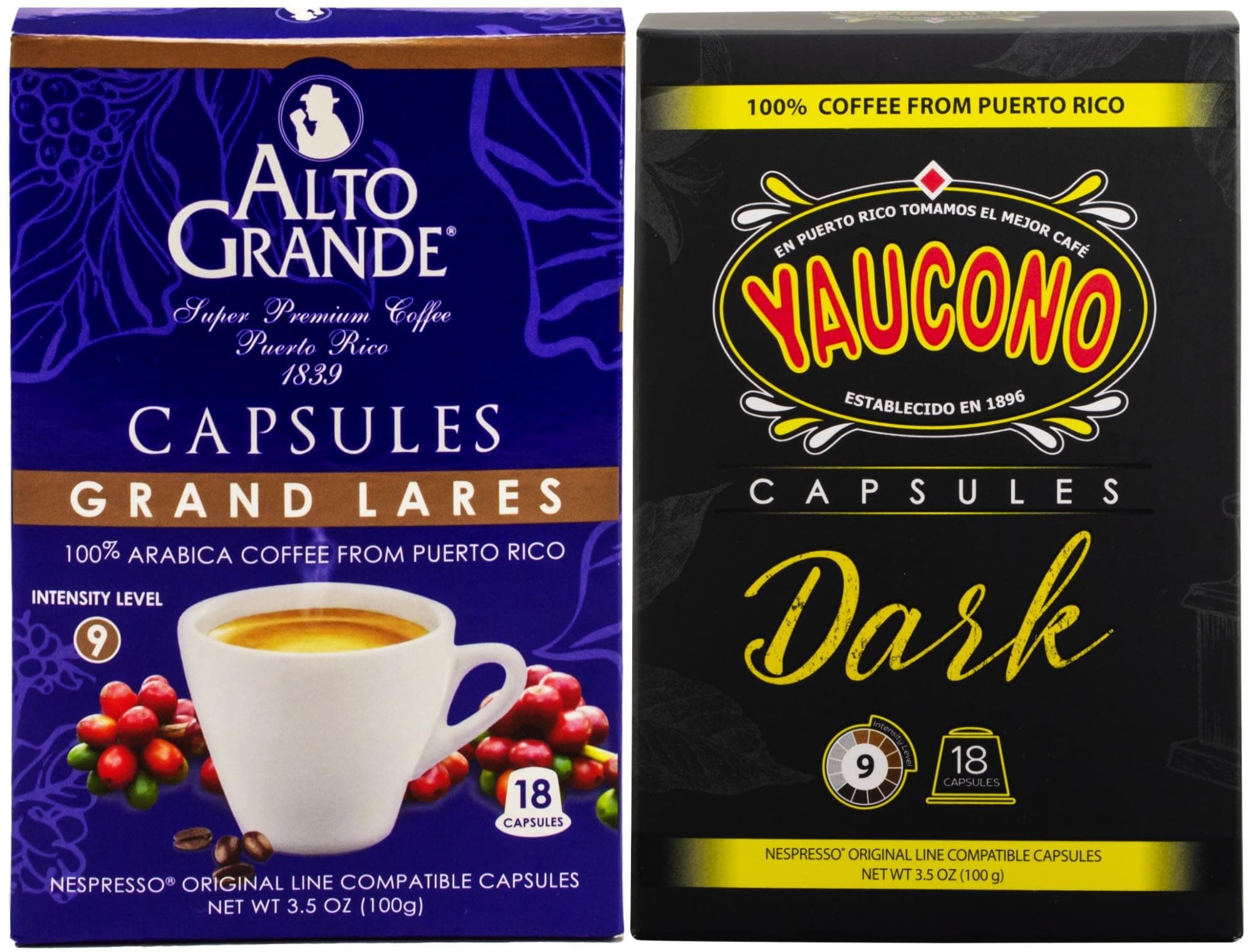 Alto Grande Super Premium and Yaucono 100 Percent Coffee From Puerto Rico Capsules Compatible with Nespresso Machines, 36 Count (18 Yaucono, 18 Alto Grande Grand Lares)