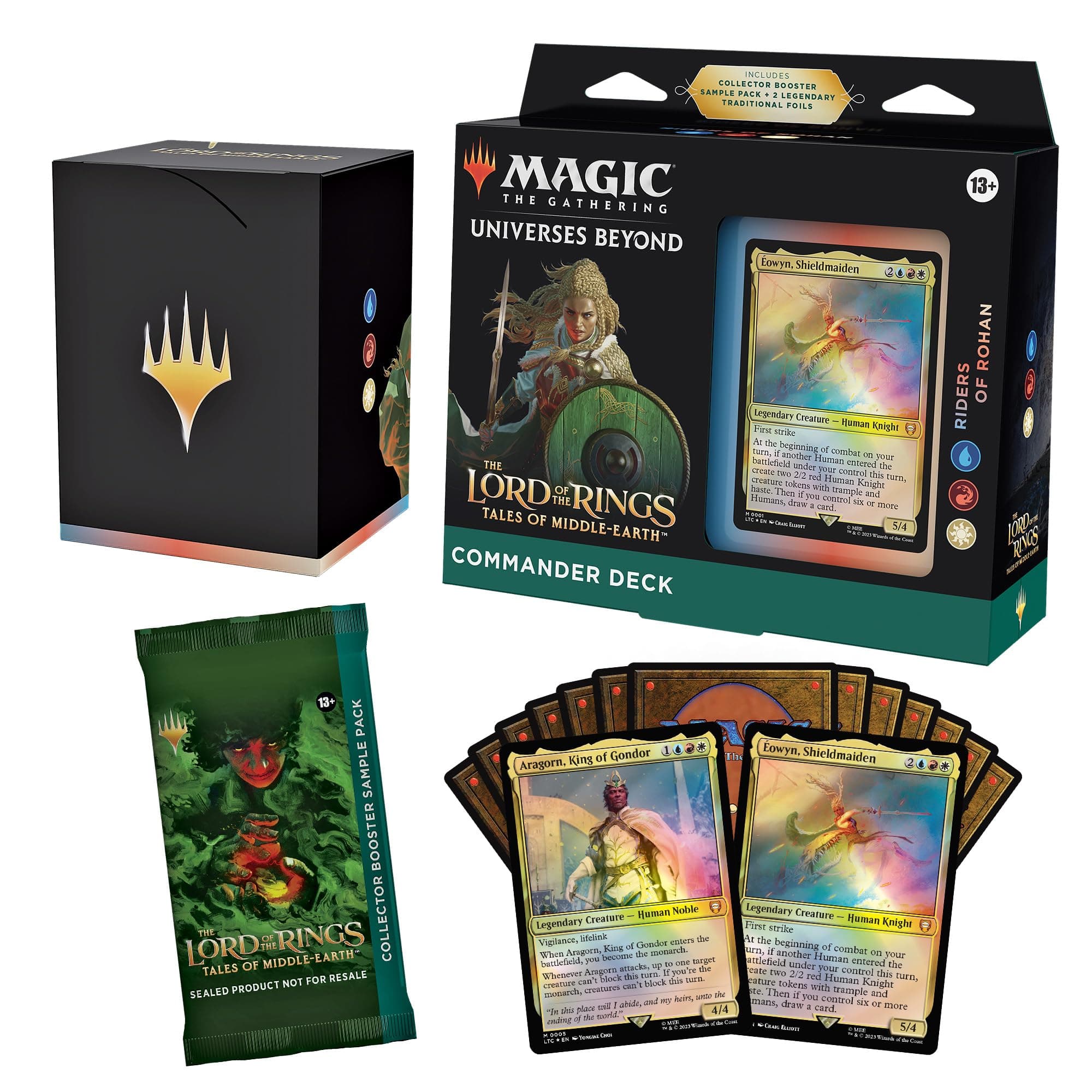 Magic: the Gathering Lord of the Rings Tales of Middle Earth Commander Deck - Riders of Lohan (100 Card Decks, 2 Card Collector Booster Sample Pack + Accessories)