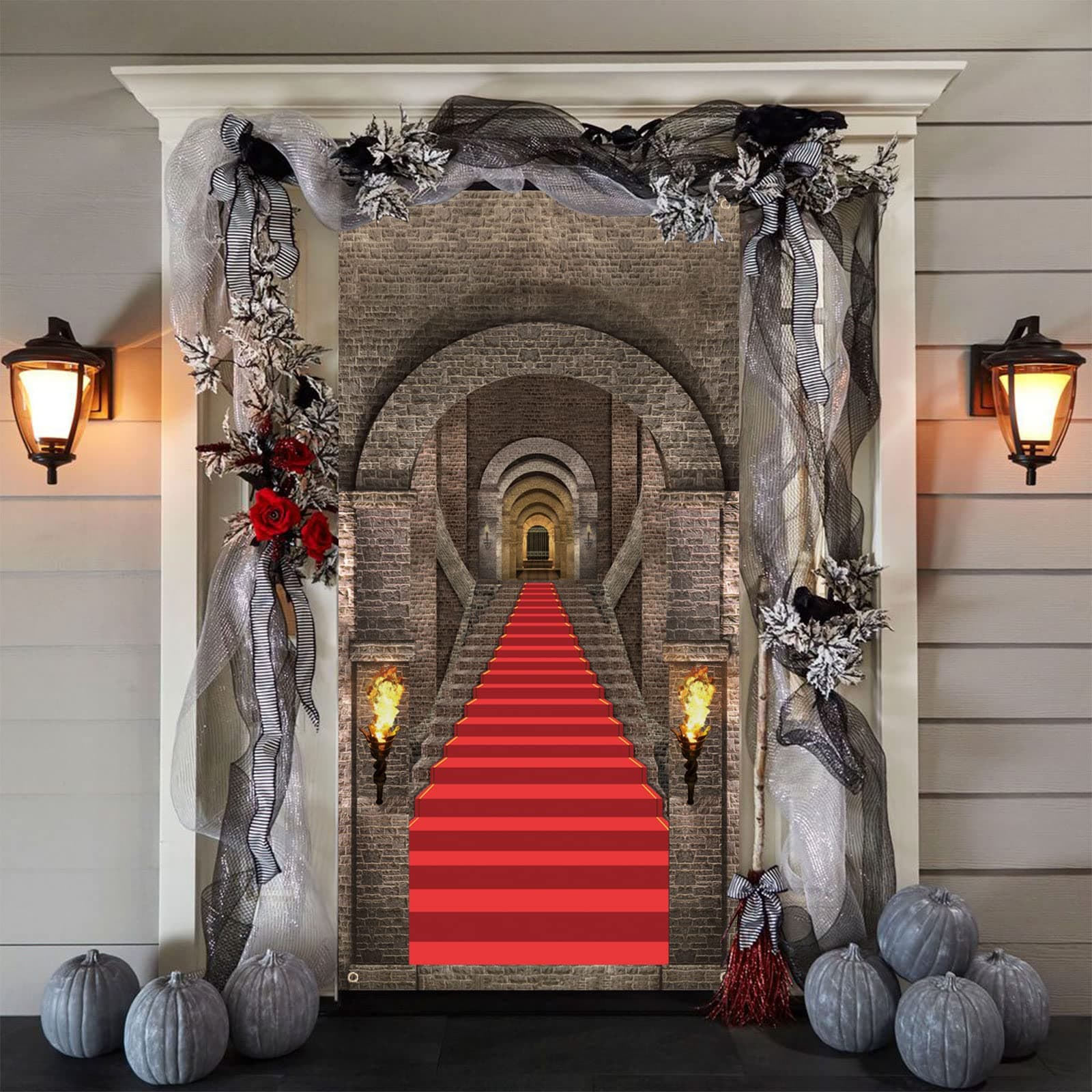 Halloween Door Decorations - 3D Realistic Castle Entrance Banner, Large Fabric Medieval Themed Stone Backdrop, Gothic Photo Background for Vampire Party