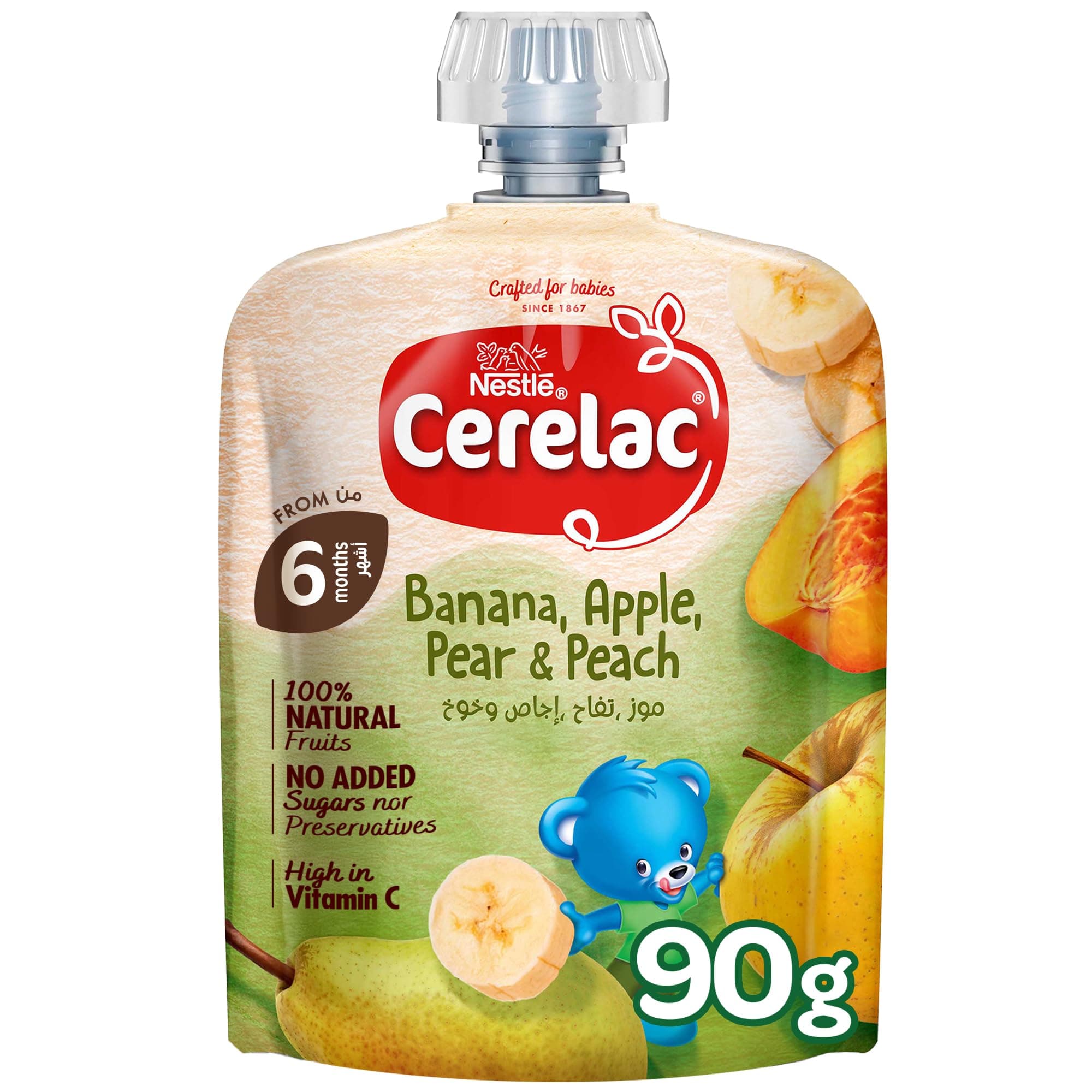 Cerelac Banana, Apple, Pear & Peach, 100% Natural Fruits, No Added Sugar, High in Vitamin C, From 6 Months, Puree Pouch 90g